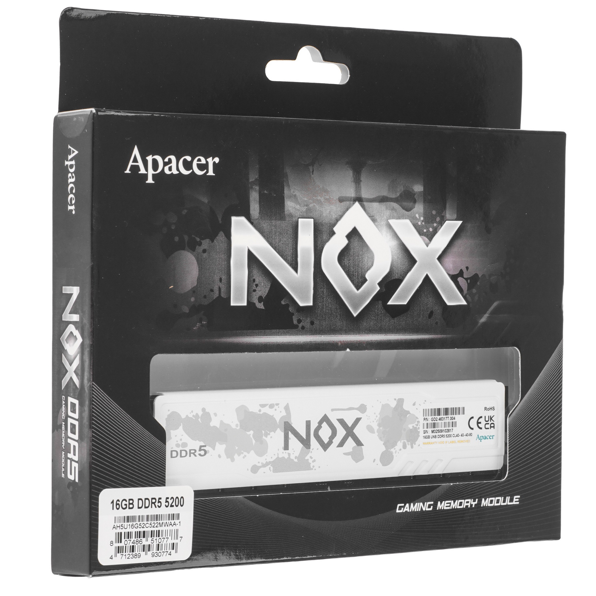 Оперативная память Apacer Nox, DDR5, 16GB (1x16 GB), 5200 MHz, CL40, радиатор, белый