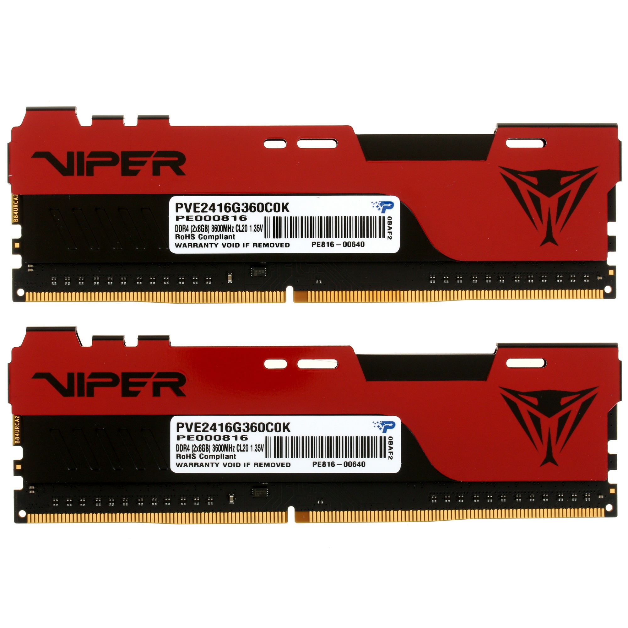 Оперативная память Patriot Viper Elite II, DDR4, 16GB (2x8 GB), 3600 MHz, CL20, радиатор, красный, ч
