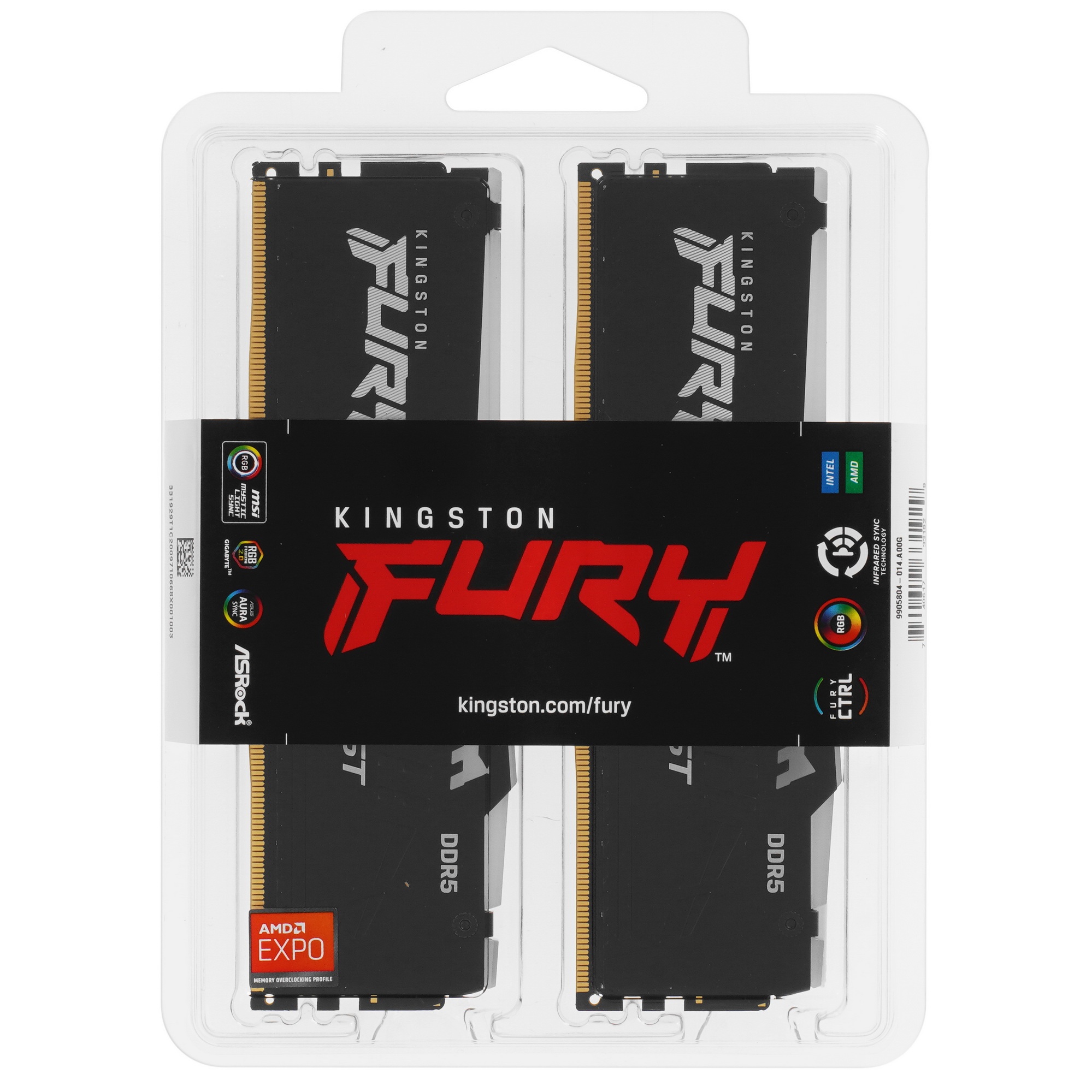 Оперативная память Kingston Fury Beast, DDR5, 64GB (2x32GB), 5600MHz, CL36, радиатор, RGB, чёрный
