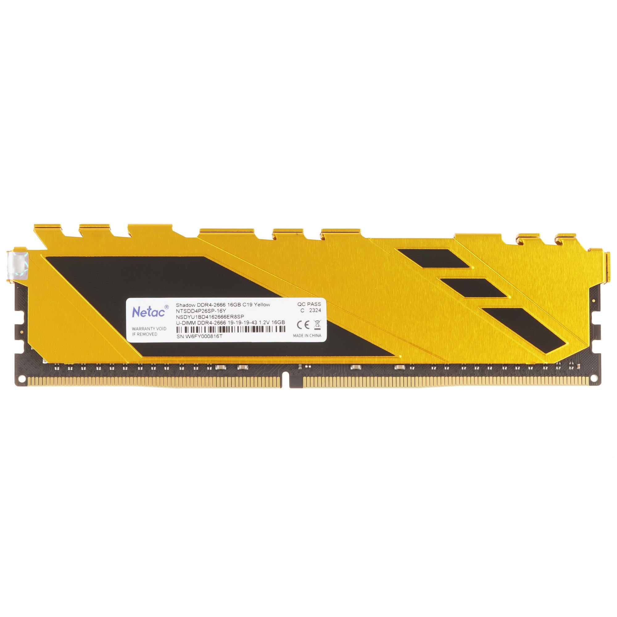 Оперативная память NETAC Shadow, DDR4, 16GB (1x16 GB), 2666 MHz, CL19, радиатор, жёлтый