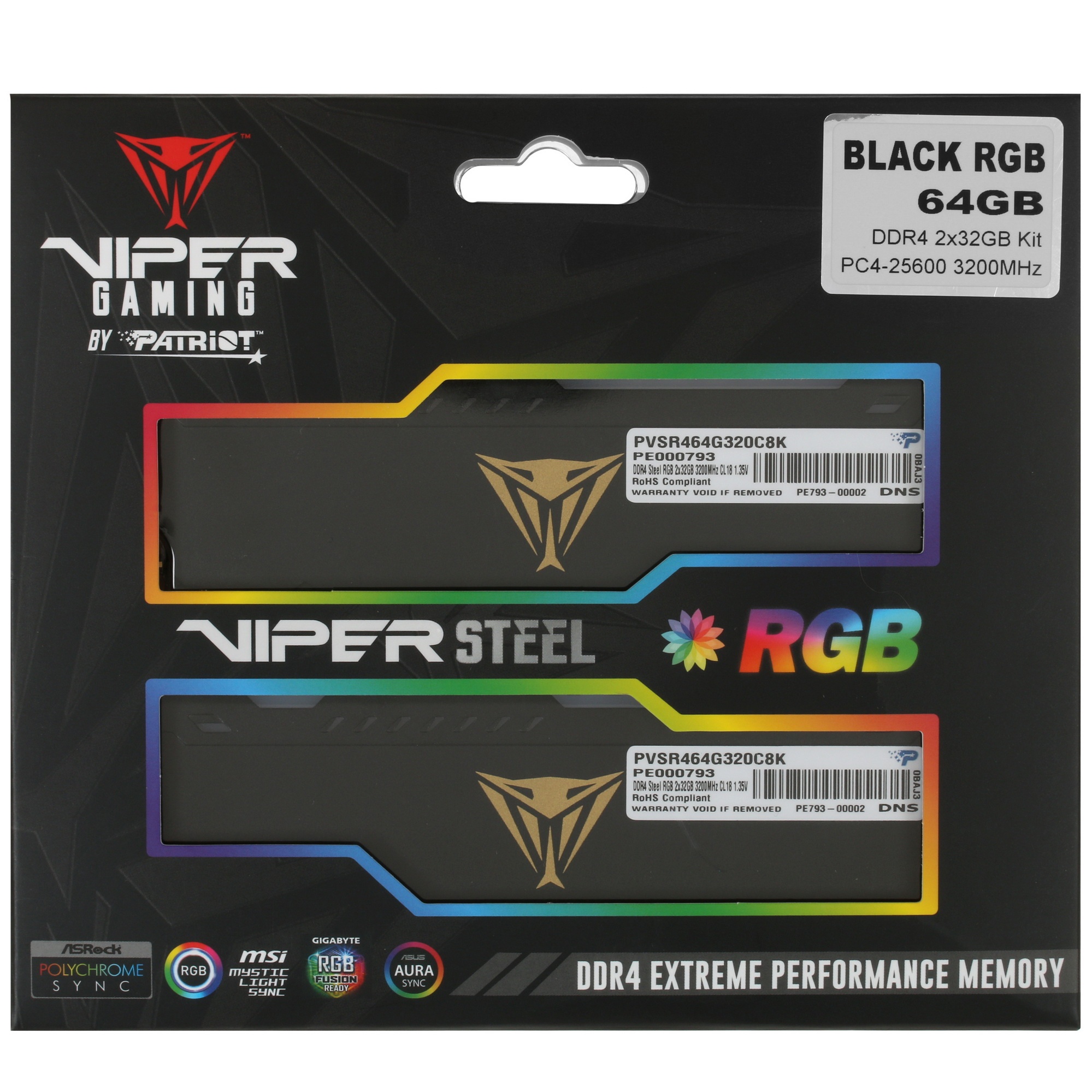 Оперативная память Patriot Viper Steel, DDR4, 64GB (2x32GB), 3200MHz, CL18, с радиатором, RGB, черны