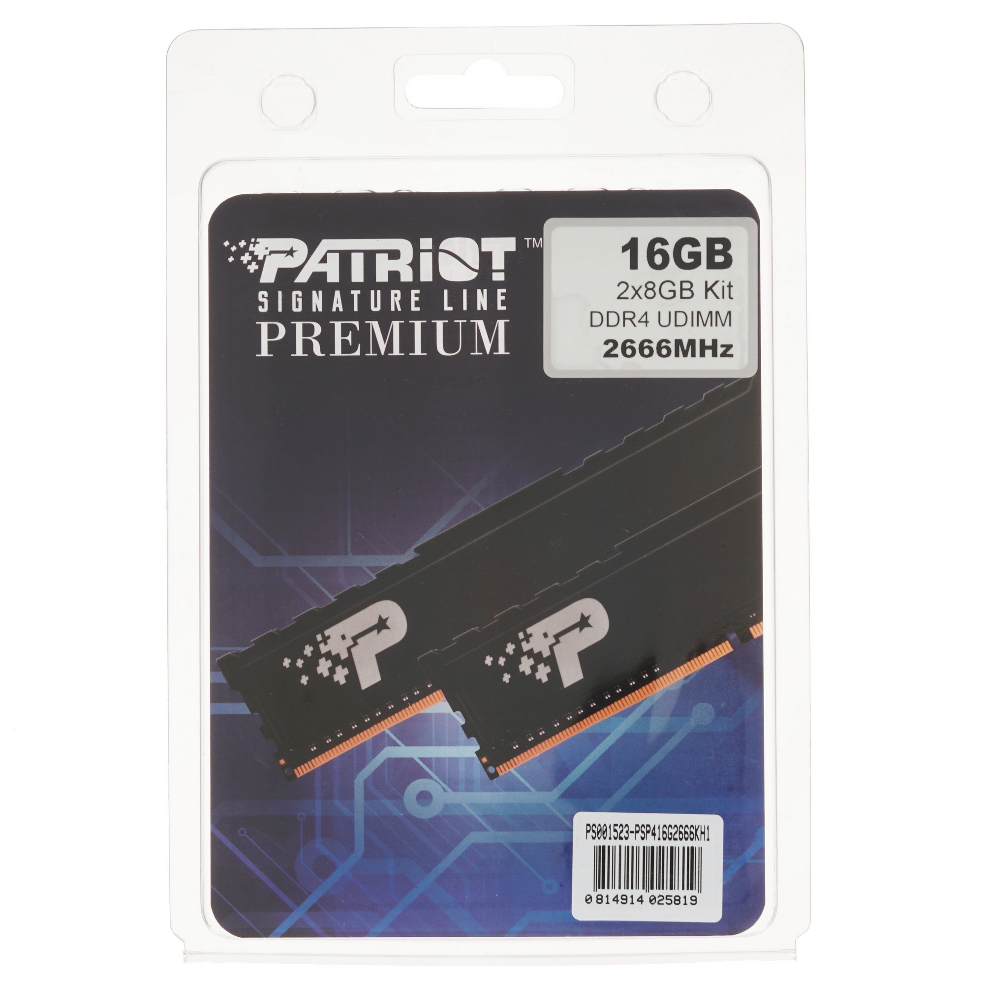 Оперативная память Patriot Signature Premium, DDR4, 16GB (2x8 GB), 2666 MHz, CL19, радиатор, чёрный