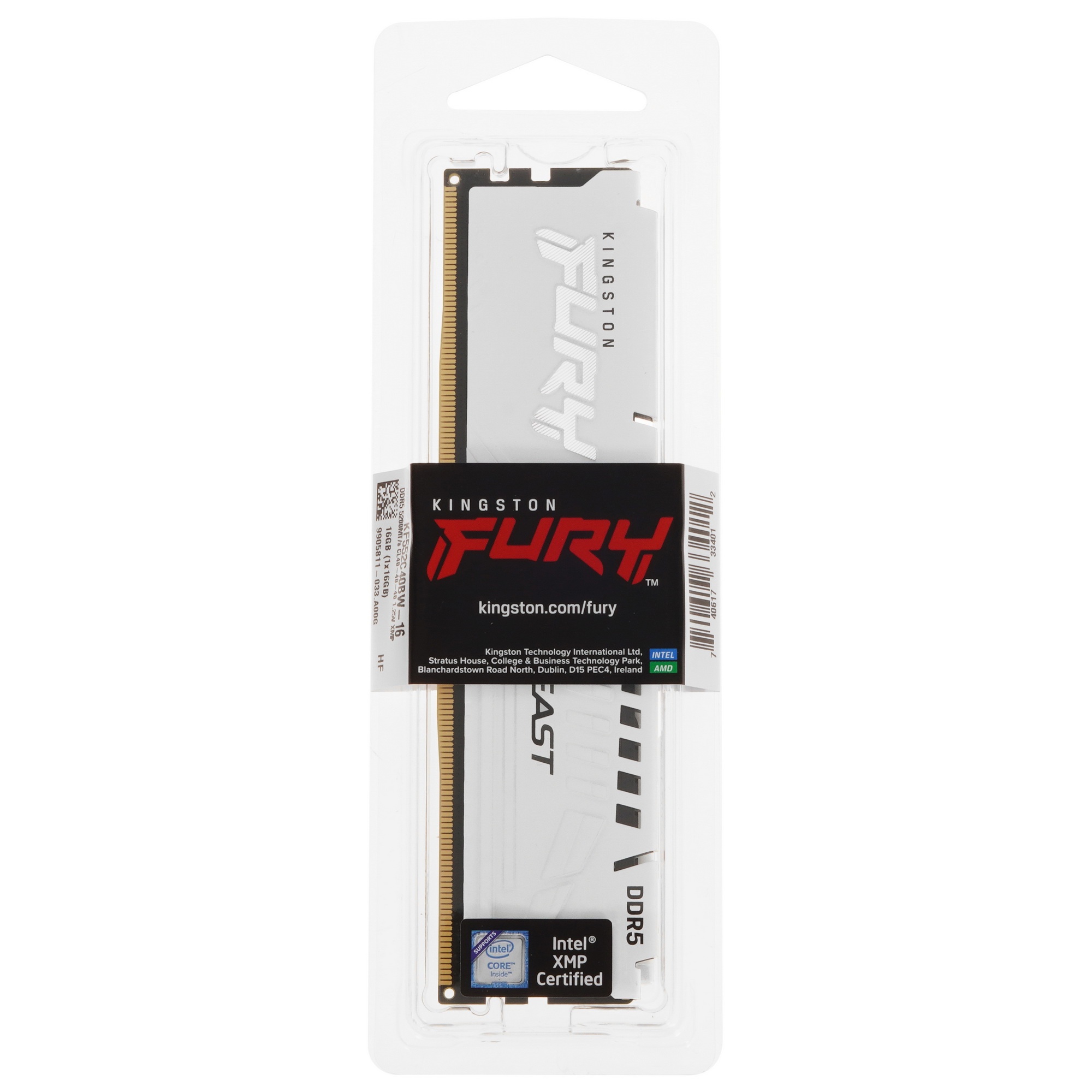Оперативная память Kingston Fury Beast, DDR5, 16GB (1x16GB), 5200MHz, CL40, с радиатором, белый