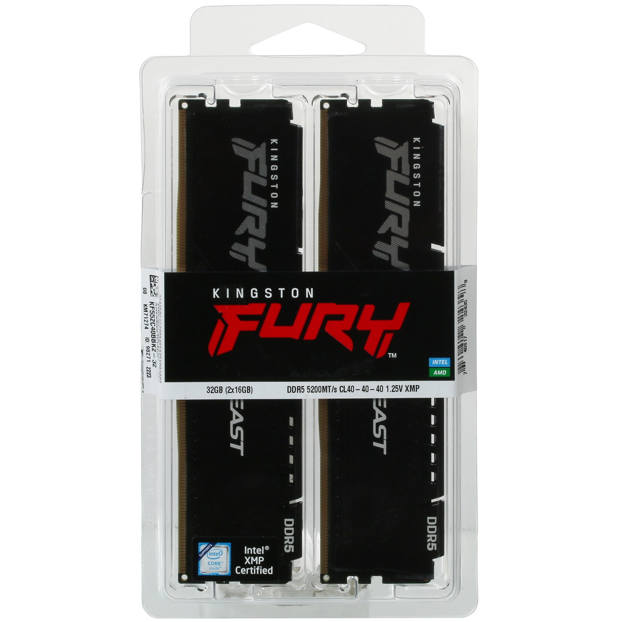 Оперативная память Kingston Fury Beast, DDR5, 32GB (2x16GB), 5200MHz, CL40, радиатор, чёрный
