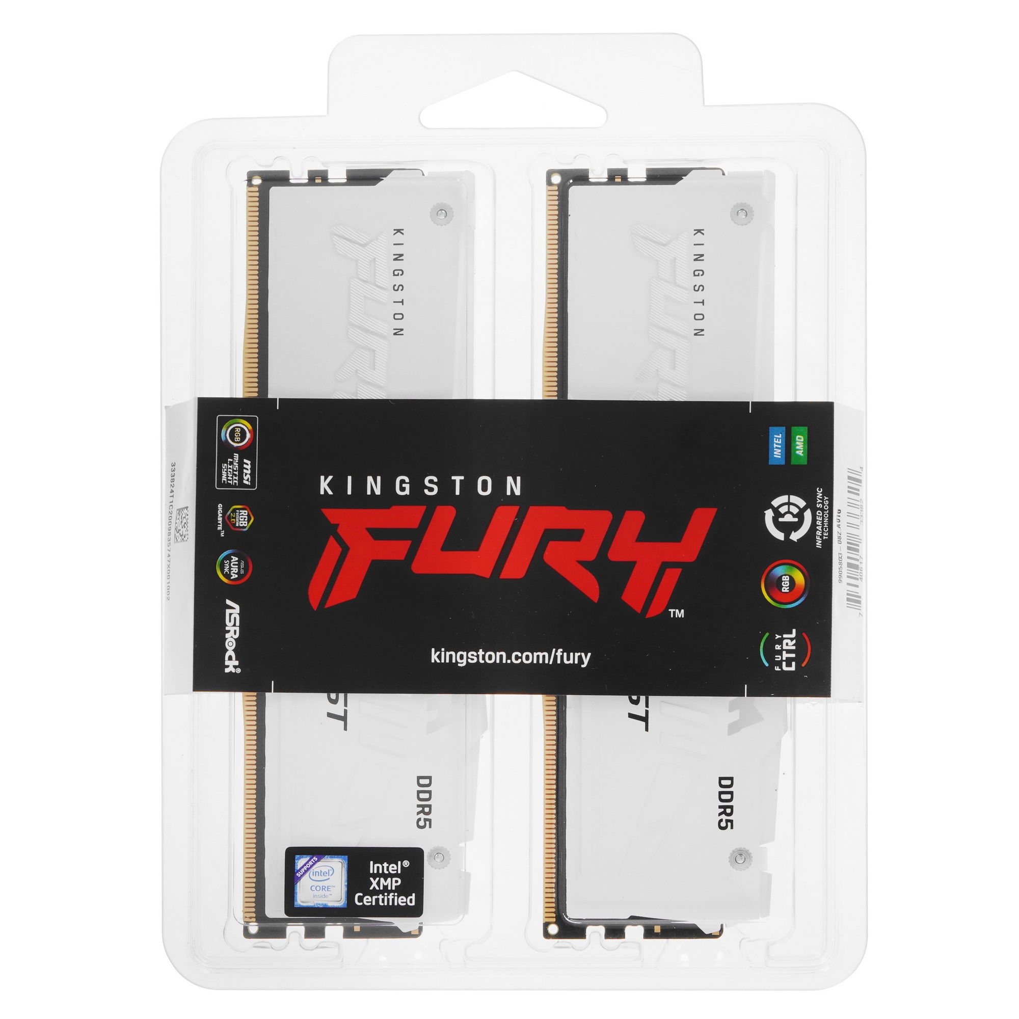 Оперативная память Kingston Fury Beast, DDR5, 32GB (2x16GB), 5600MHz, CL40, с радиаторами, RGB, белы