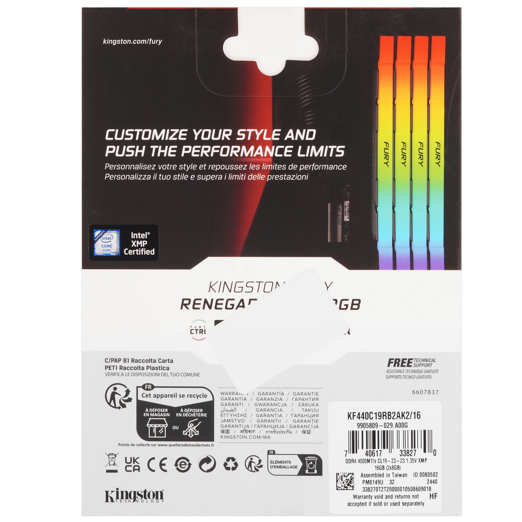 Оперативная память Kingston Fury Renegade, DDR4, 16GB (2x8GB), 4000MHz, CL19, с радиатором, RGB, сер