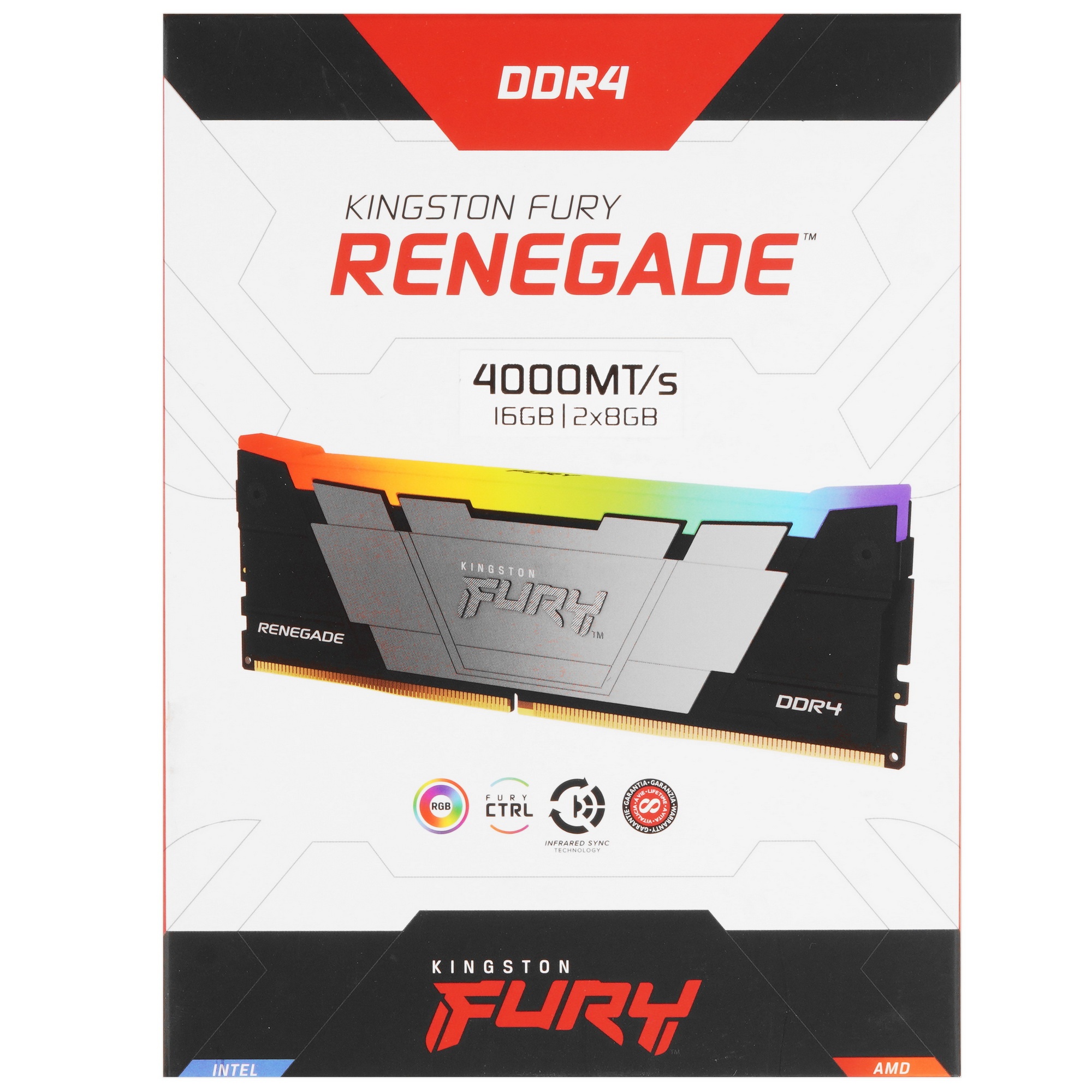 Оперативная память Kingston Fury Renegade, DDR4, 16GB (2x8GB), 4000MHz, CL19, с радиатором, RGB, сер