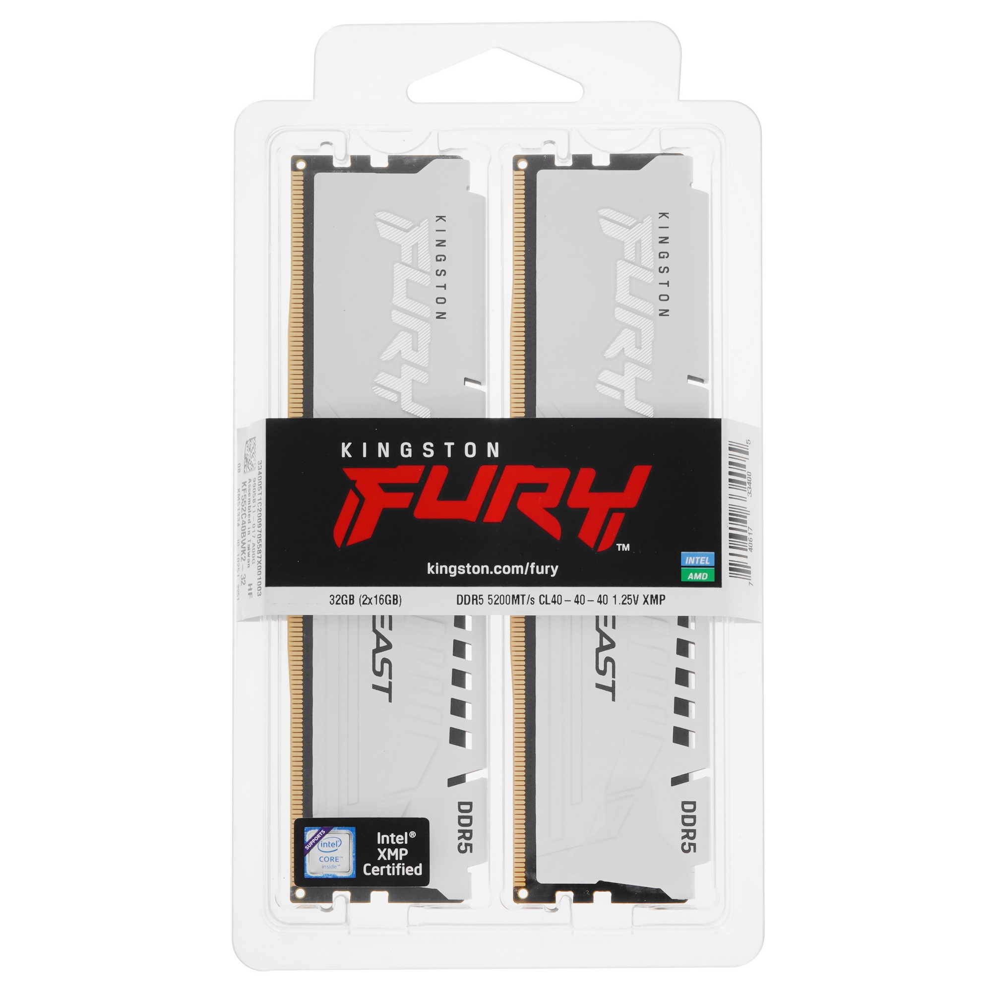 Оперативная память Kingston Fury Beast, DDR5, 32GB (2x16GB), 5200MHz, CL40, с радиаторами, белый