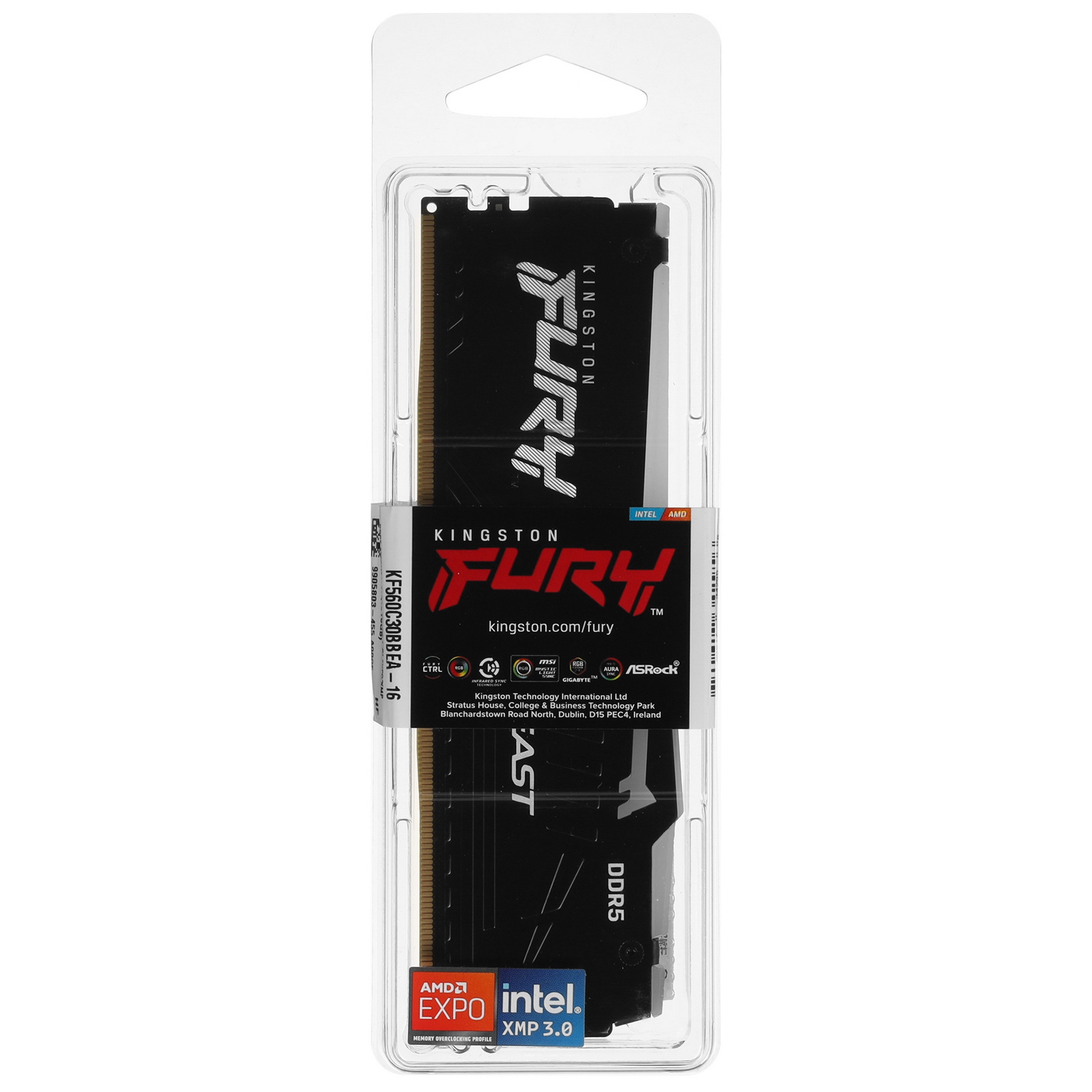 Оперативная память Kingston Fury Beast, DDR5, 16GB (1x16GB), 6000MHz, CL30, с радиатором, RGB, черны