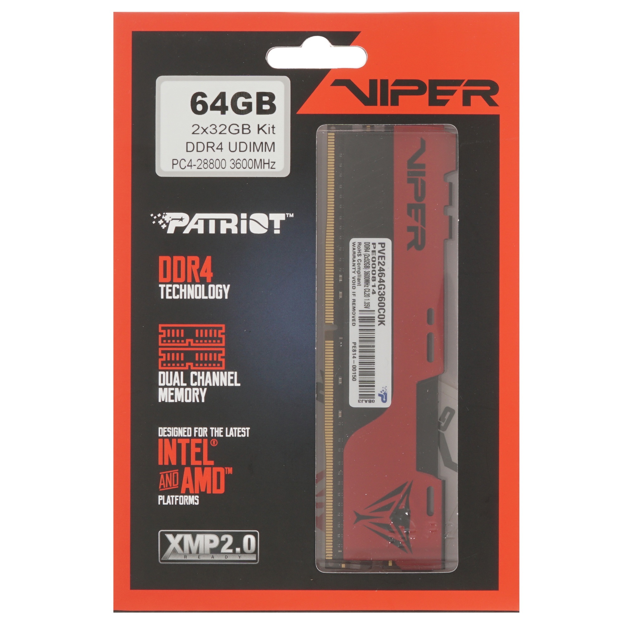 Оперативная память Patriot Viper Elite II, DDR4, 64GB (2x32 GB), 3600 MHz, CL20, радиатор, красный/ч