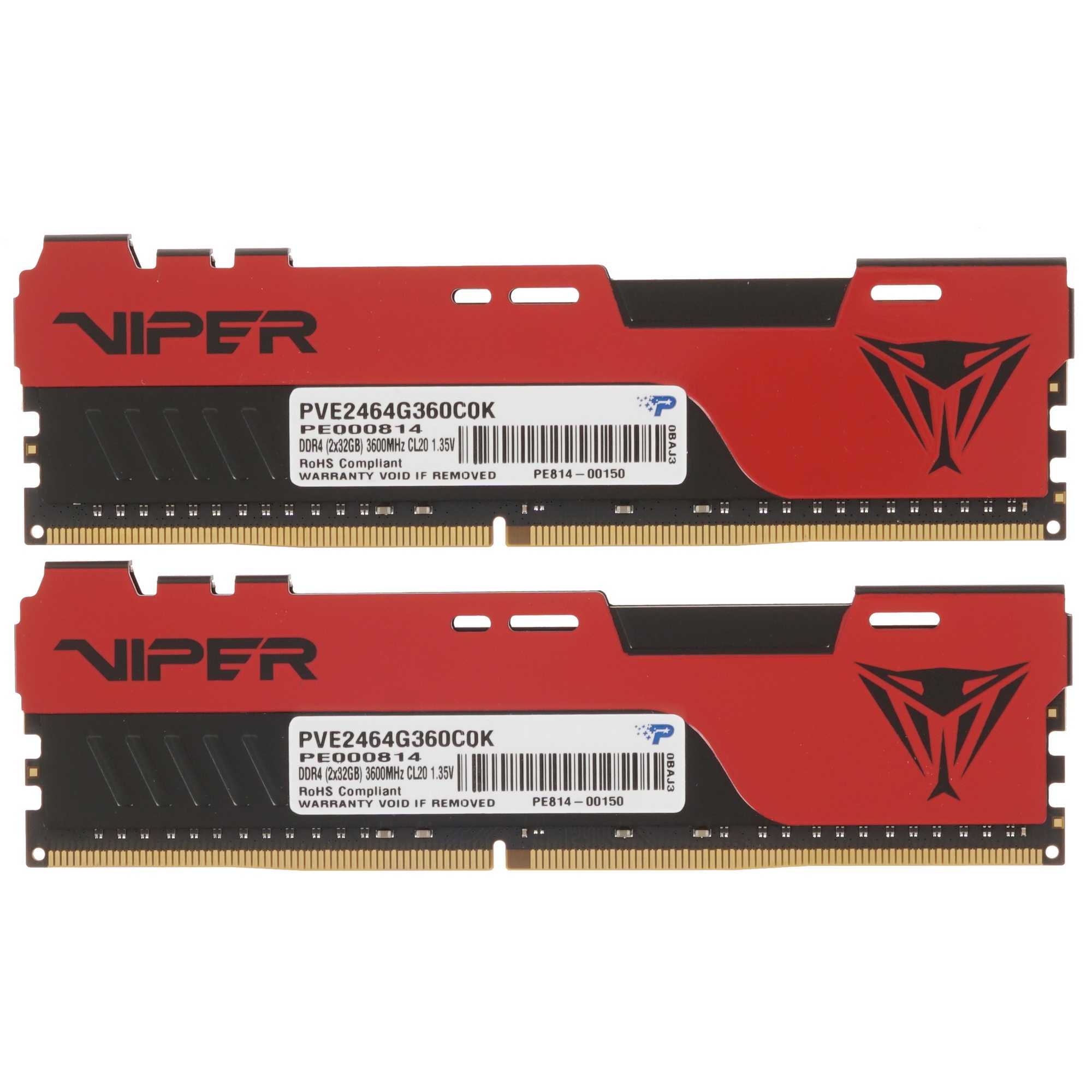 Оперативная память Patriot Viper Elite II, DDR4, 64GB (2x32 GB), 3600 MHz, CL20, радиатор, красный/ч