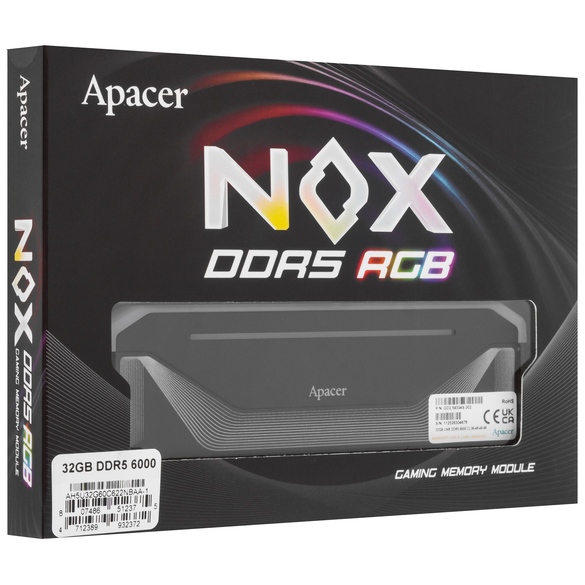 Оперативная память Apacer Nox, DDR5, 32GB (1x32 GB), 6000 MHz, CL38, радиатор, RGB, черный