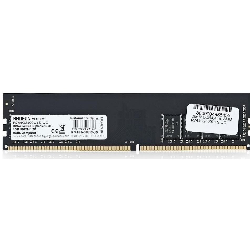 Оперативная память AMD 4GB DDR4 2400 DIMM(R744G2400U1S-UO) Performance Series, 1.2V, Non-ECC, CL15,