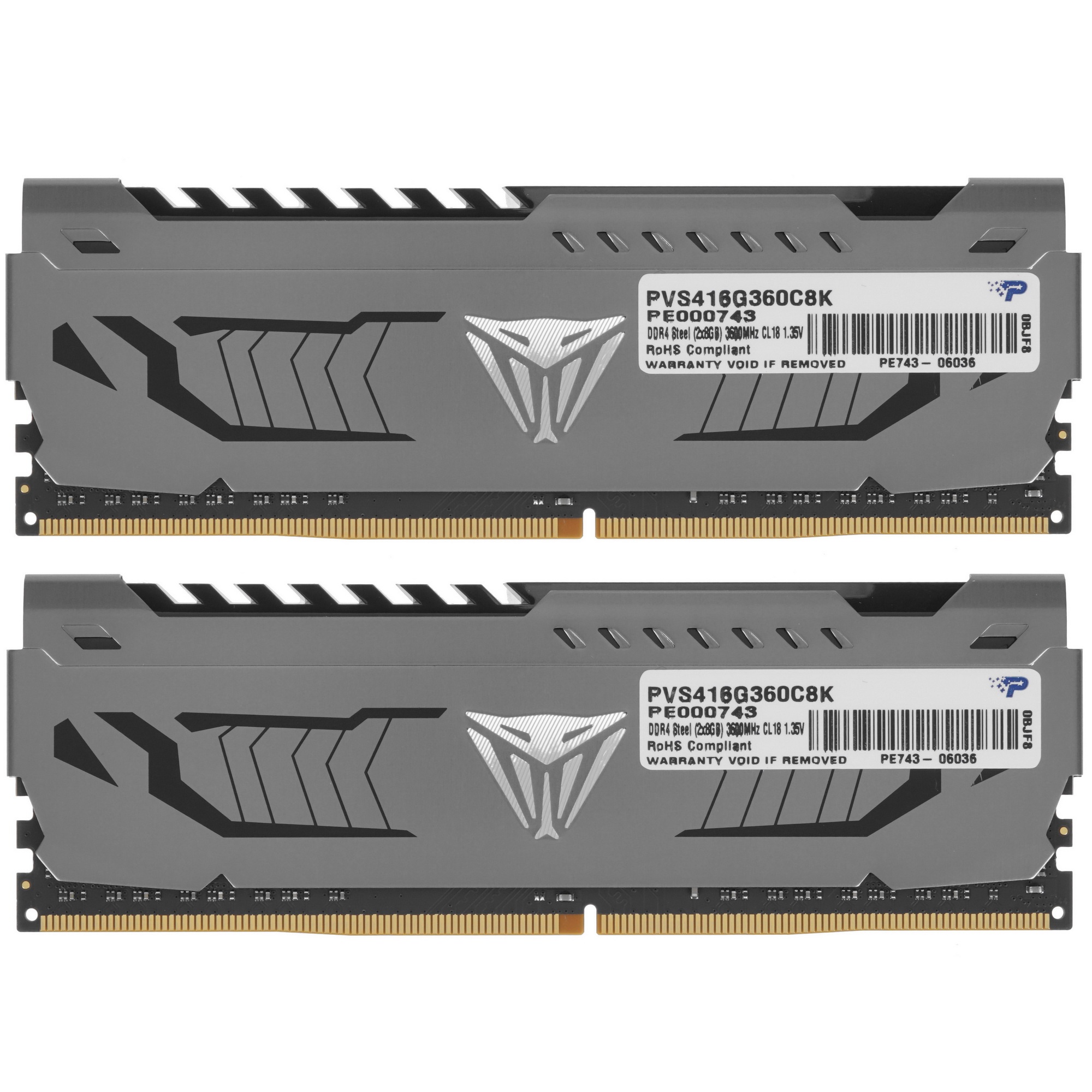 Оперативная память Patriot Viper Steel, DDR4, 16GB (2x8 GB), 3600 MHz, CL18, радиатор, чёрный