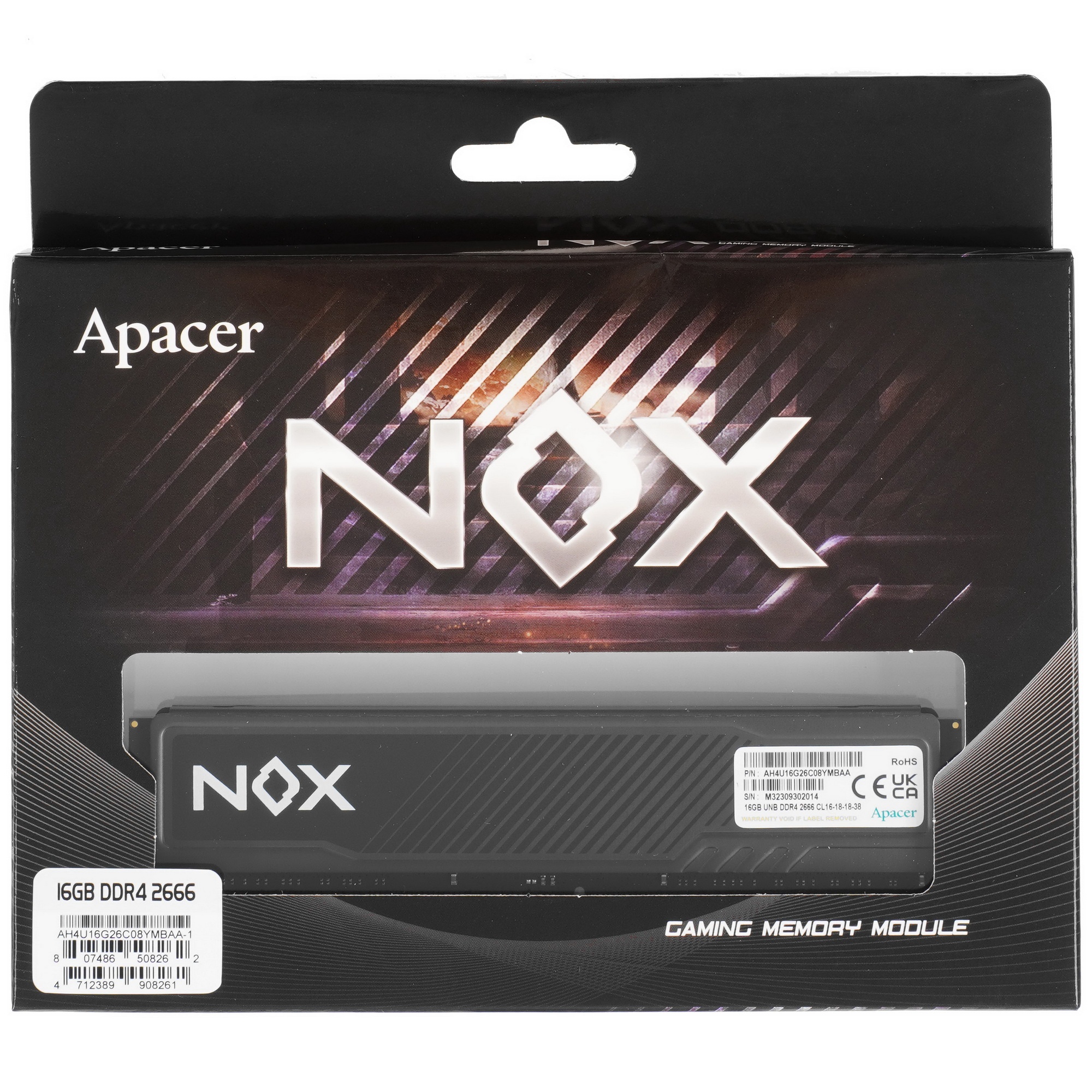 Оперативная память Apacer Nox, DDR4, 16GB (1x16 GB), 2666 MHz, CL16, радиатор, черный