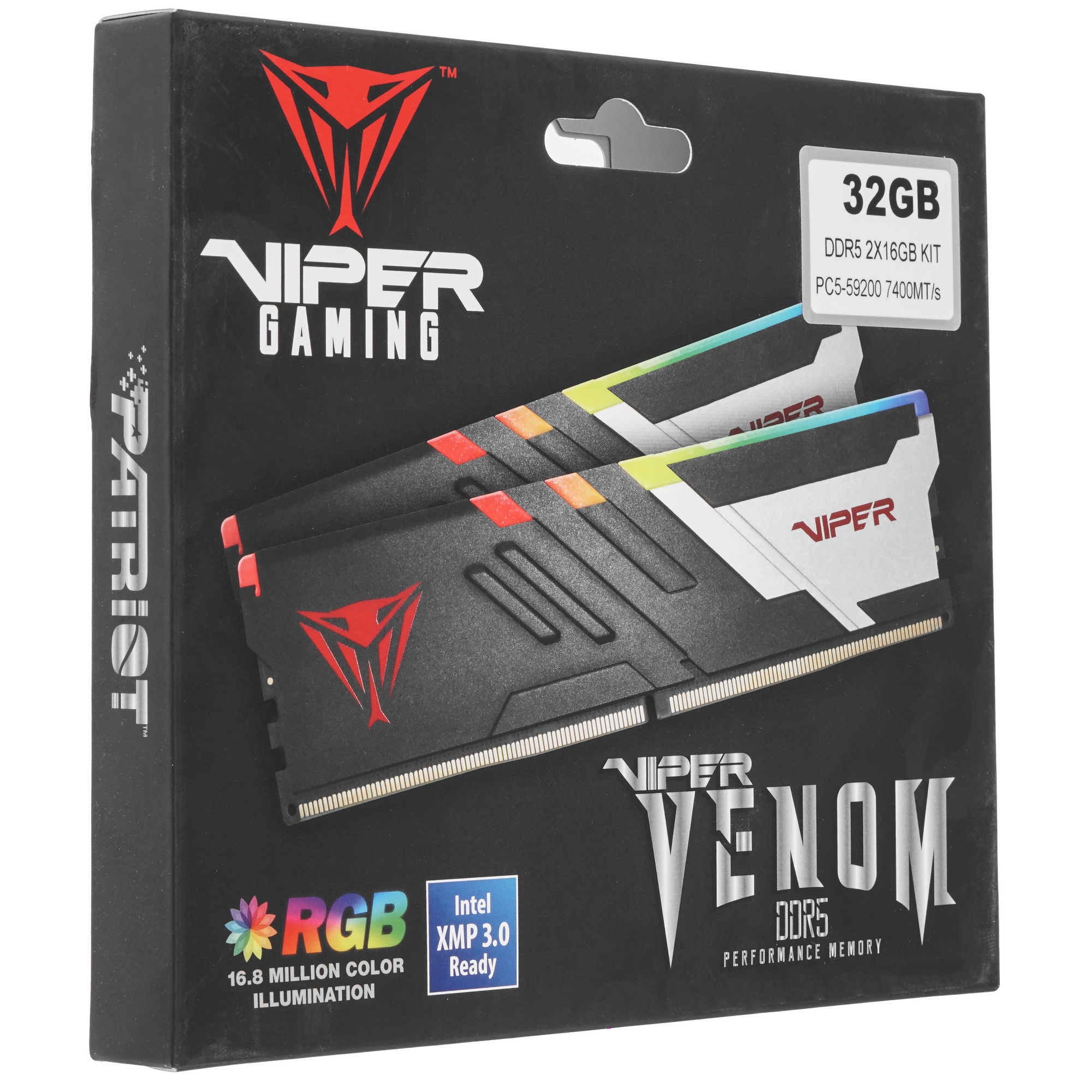 Оперативная память Patriot Viper Venom, DDR5, 32GB (2x16GB), 7400MHz, CL36, с радиаторами, RGB, черн