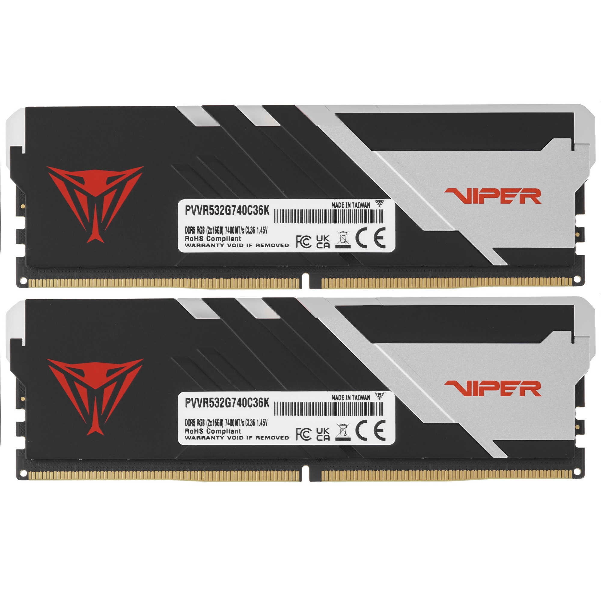 Оперативная память Patriot Viper Venom, DDR5, 32GB (2x16GB), 7400MHz, CL36, с радиаторами, RGB, черн