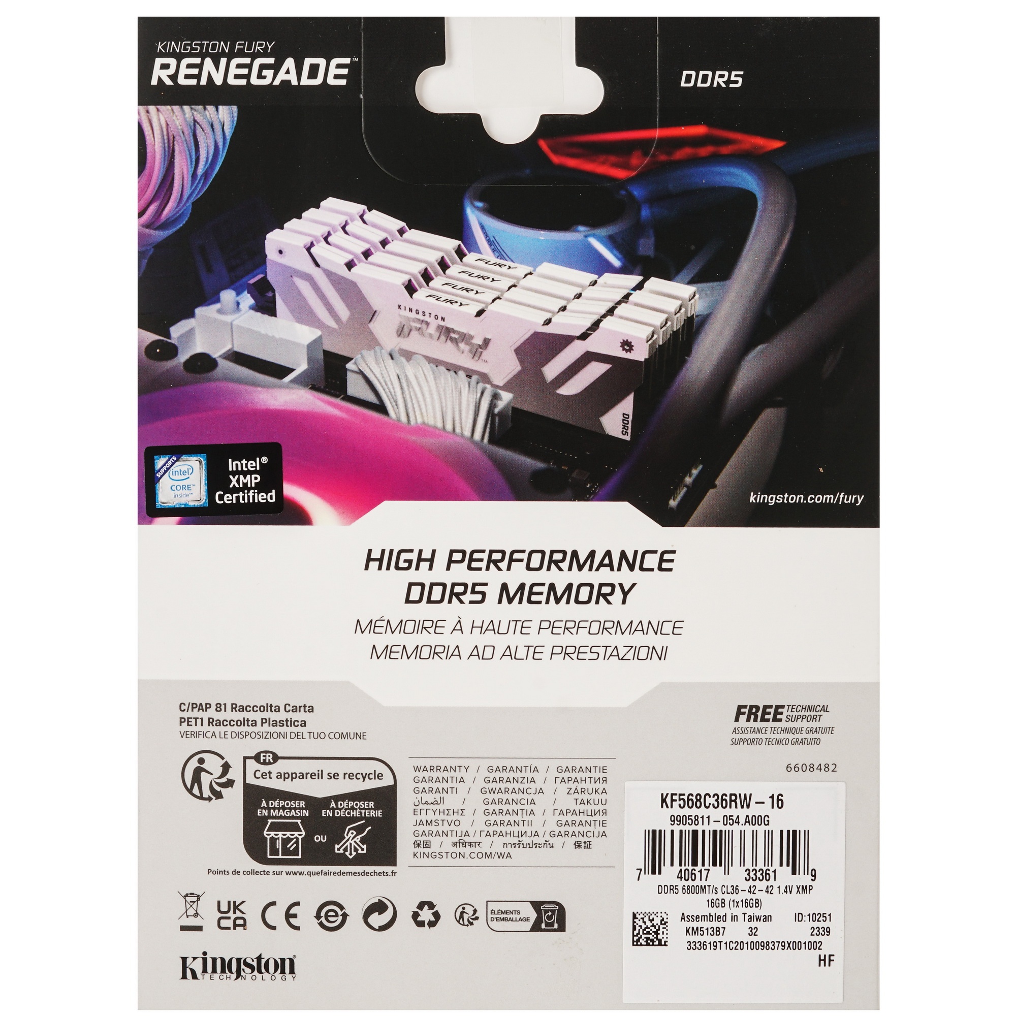 Оперативная память Kingston Fury Beast, DDR5, 16GB (1x16 GB), 6800 MHz, CL36, радиатор, белый