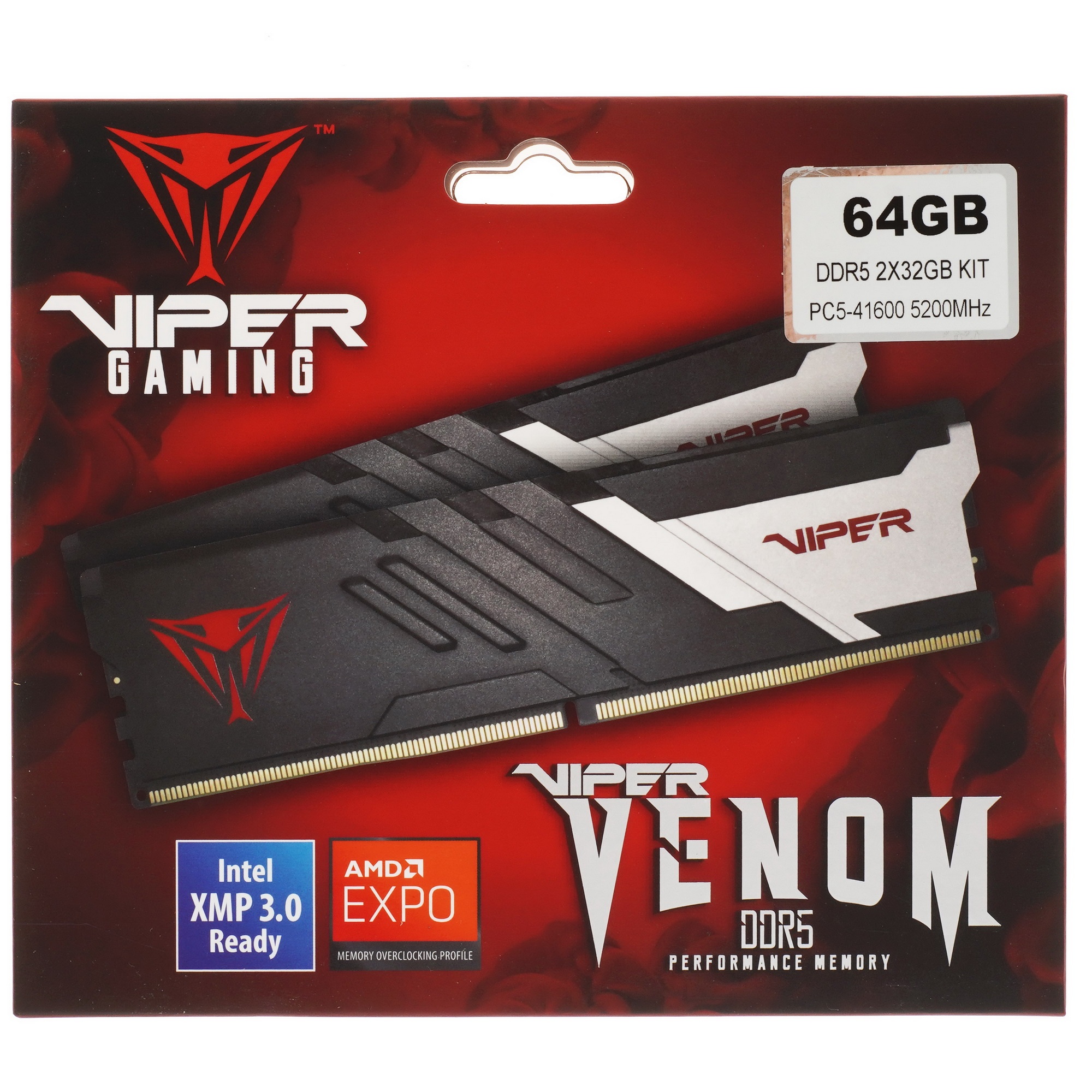 Оперативная память Patriot Viper Venom, DDR5, 64GB (2x32GB), 5200MHz, CL40, с радиаторами, черный