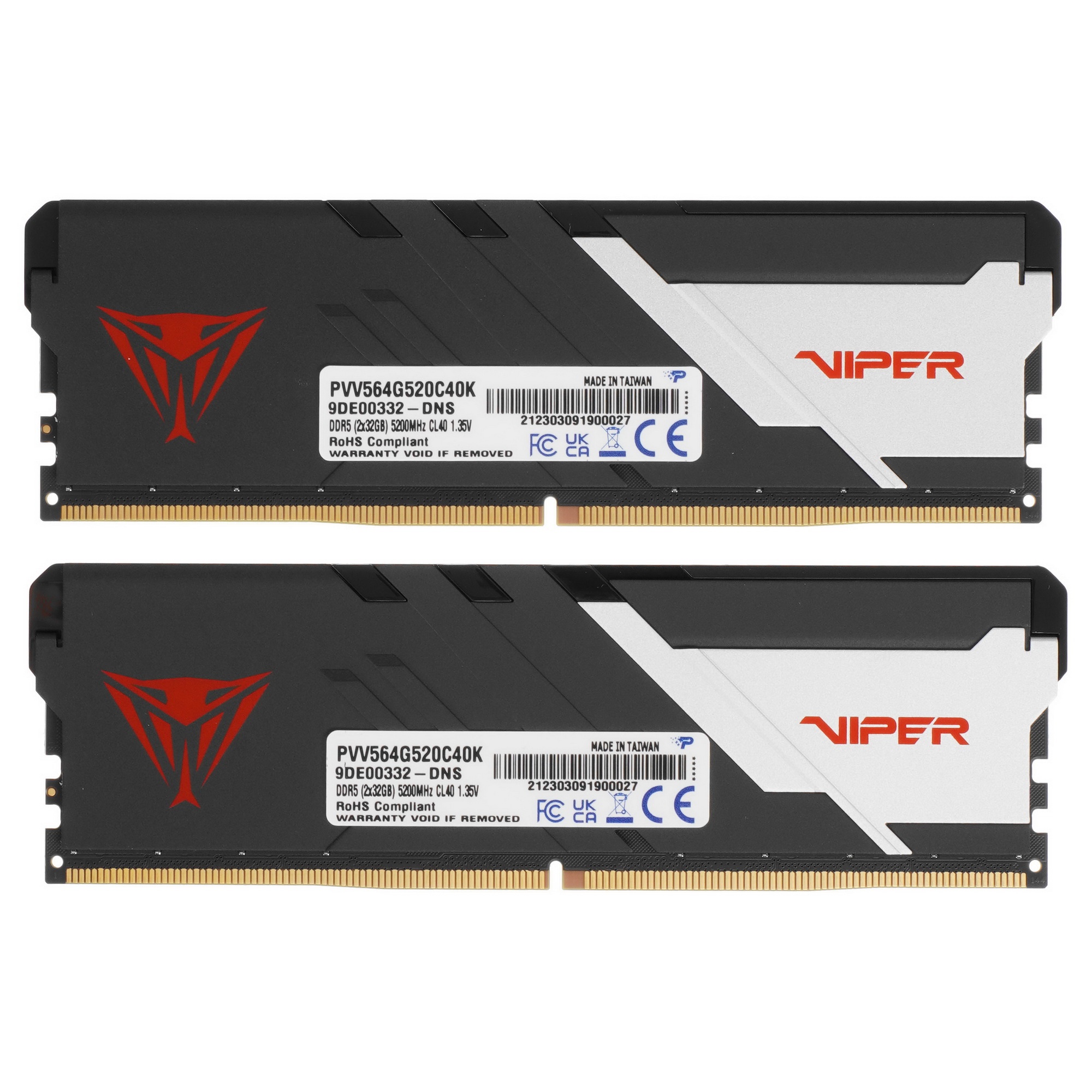 Оперативная память Patriot Viper Venom, DDR5, 64GB (2x32GB), 5200MHz, CL40, с радиаторами, черный