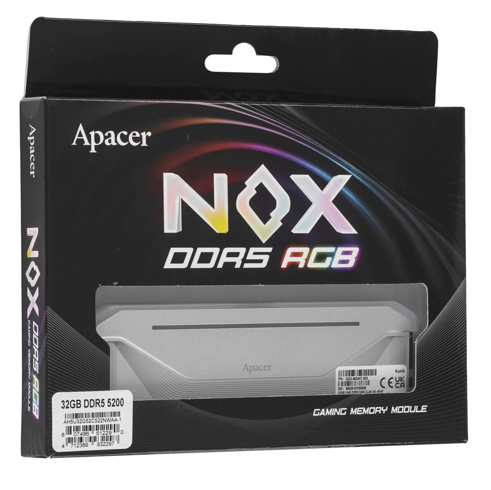 Оперативная память Apacer Nox, DDR5, 32GB (1x32GB), 5200MHz, CL40, радиатор, RGB, серебристый