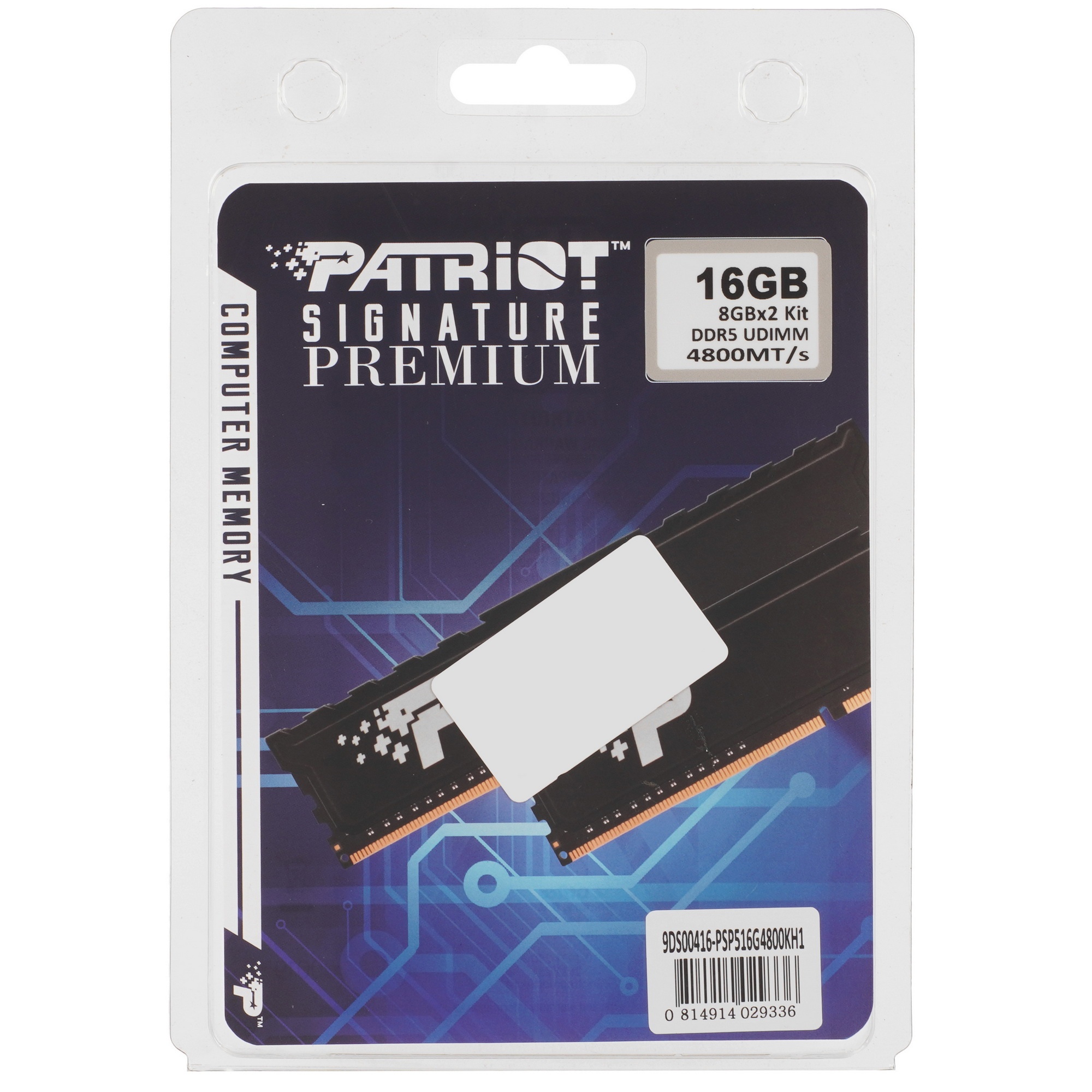 Оперативная память Patriot Signature Premium, DDR5, 16GB (2x8 GB), 4800 MHz, CL40, радиатор, чёрный