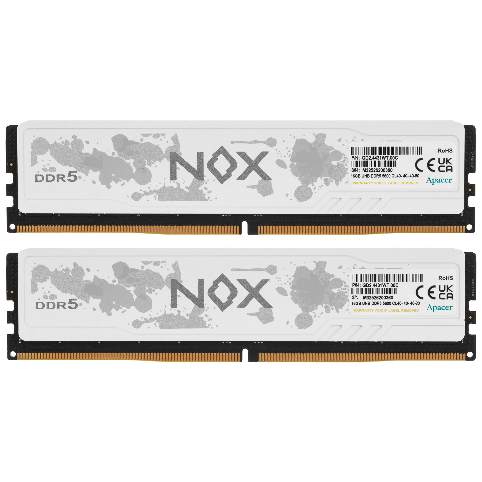 Оперативная память Apacer Nox, DDR5, 32GB (2x16 GB), 5600 MHz, CL40, радиатор, белый