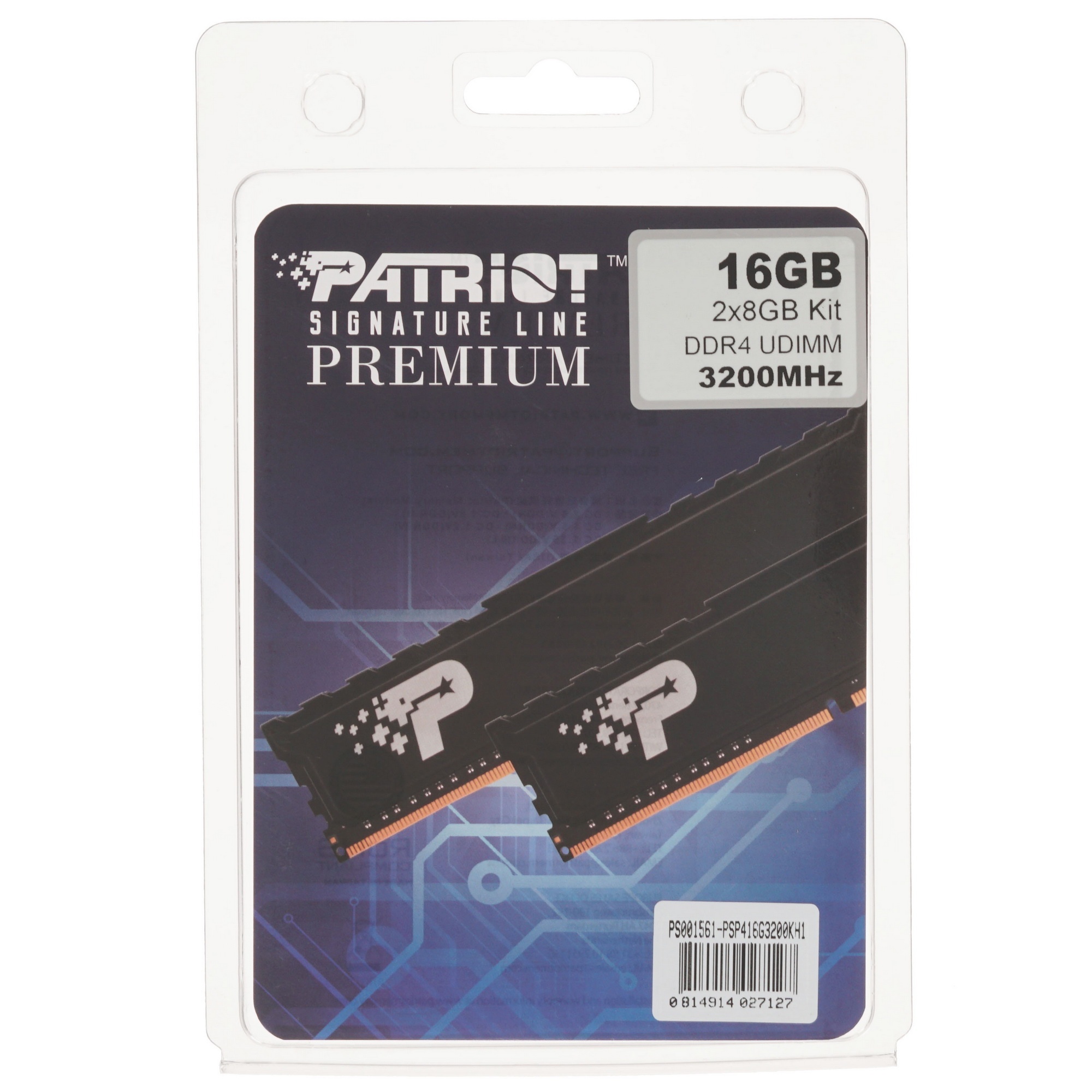 Оперативная память Patriot Signature, DDR4, 16GB (2x8 GB), 3200 MHz, CL22, радиатор, чёрный
