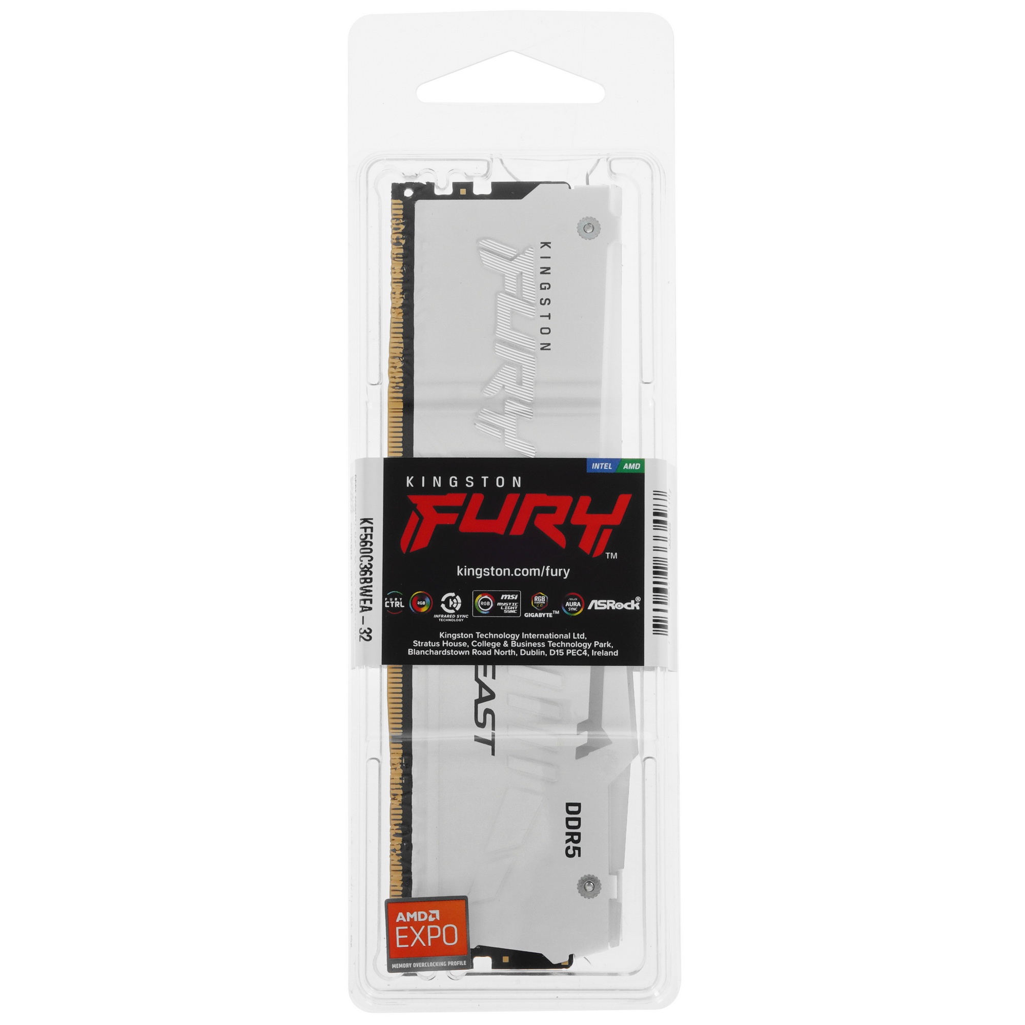Оперативная память Kingston Fury Beast, DDR5, 32GB (1x32GB), 6000MHz, CL36, радиатор, RGB, белый
