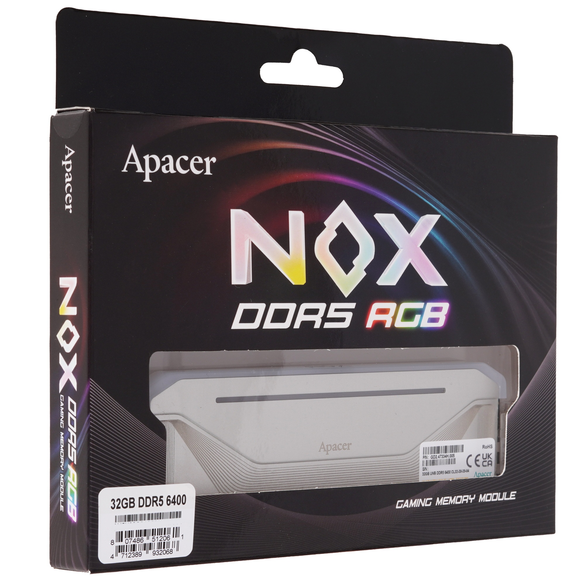 Оперативная память Apacer Nox, DDR5, 32GB (1x32 GB), 6400 MHz, CL32, радиатор, RGB, серебристый