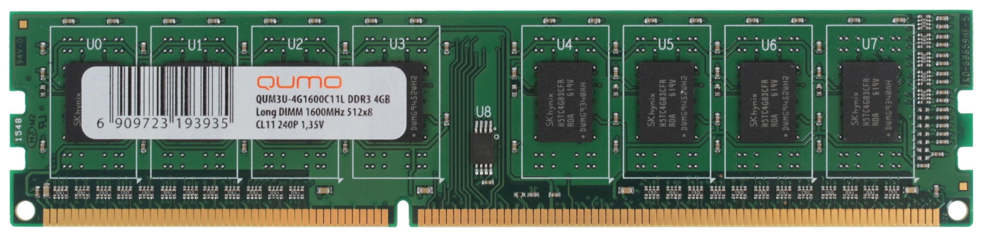 Оперативная память DDR-III 4GB QUMO 1600MHz PC-12800 512Mx8 CL11 1,35V (QUM3U-4G1600С11L)