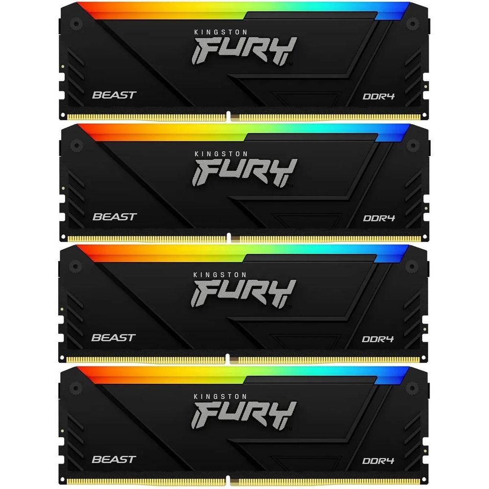 Оперативная память Kingston Fury Beast, DDR4, 64GB (4x16GB), 2666MHz, CL16, с радиатором, RGB, чёрны