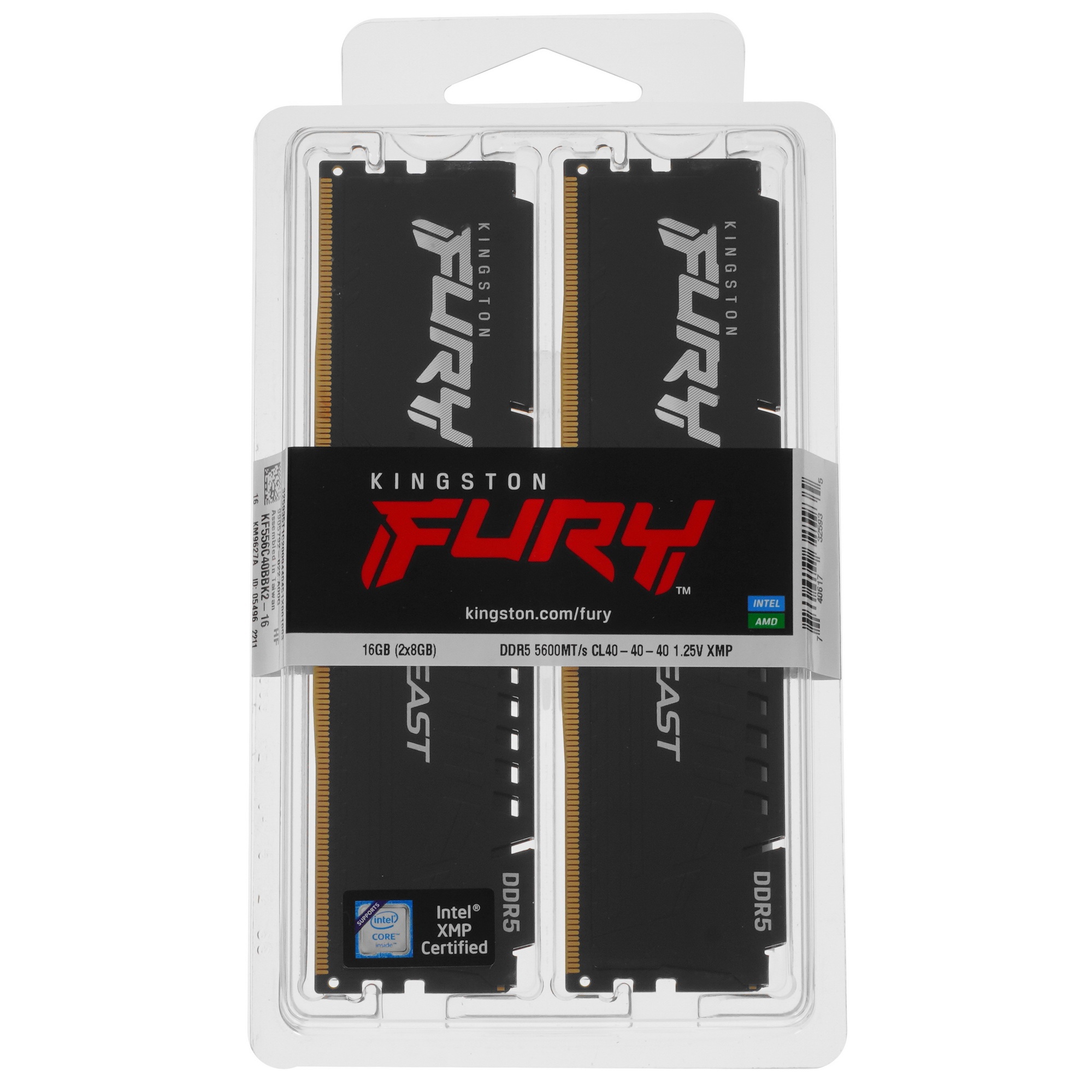 Оперативная память Kingston Fury Beast, DDR5, 16GB (2x8GB), 5600MHz, CL40, с радиаторами, черный