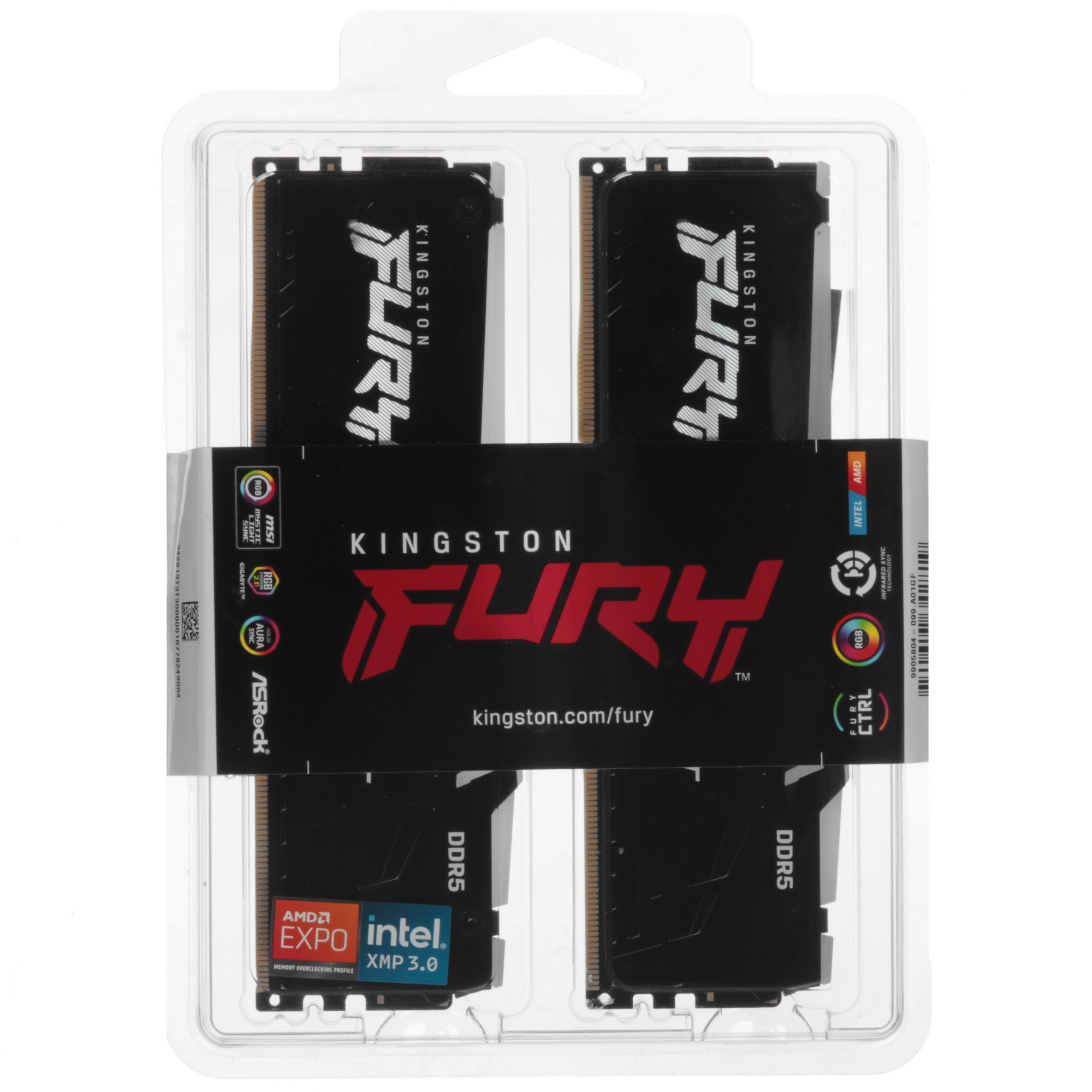 Оперативная память Kingston Fury Beast, DDR5, 64GB (2x32GB), 6000MHz, CL30, с радиатором, RGB, черны