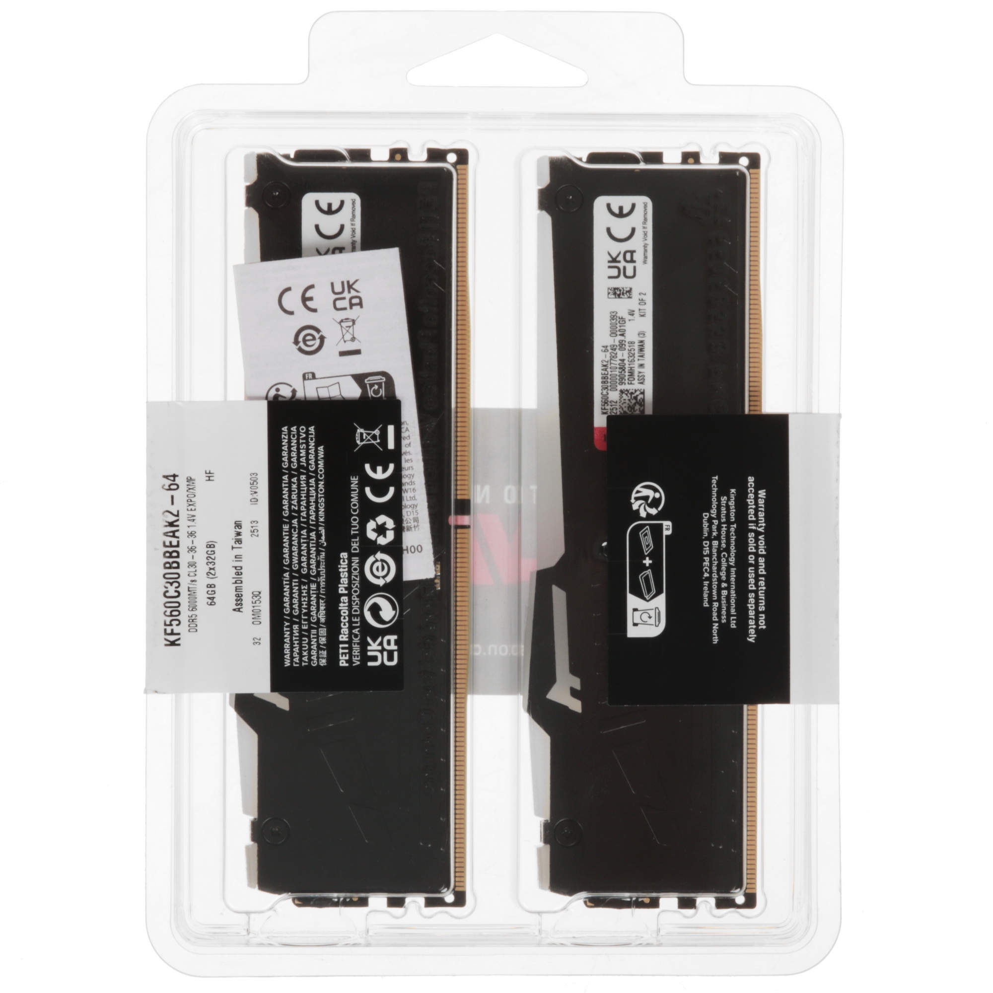 Оперативная память Kingston Fury Beast, DDR5, 64GB (2x32GB), 6000MHz, CL30, с радиатором, RGB, черны