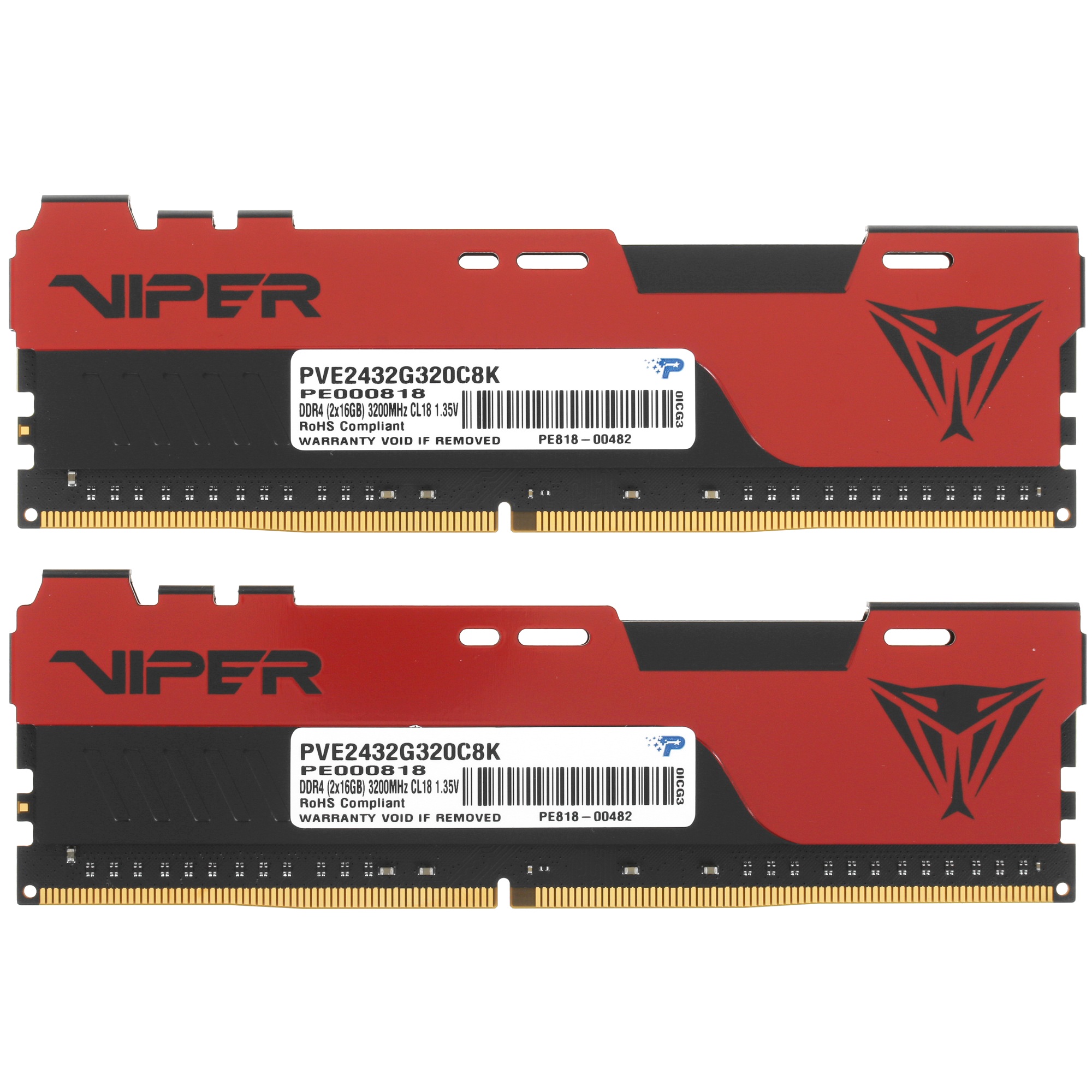 Оперативная память Patriot Viper Elite II, DDR4, 32GB (2x16 GB), 3200 MHz, CL18, радиатор, красный,