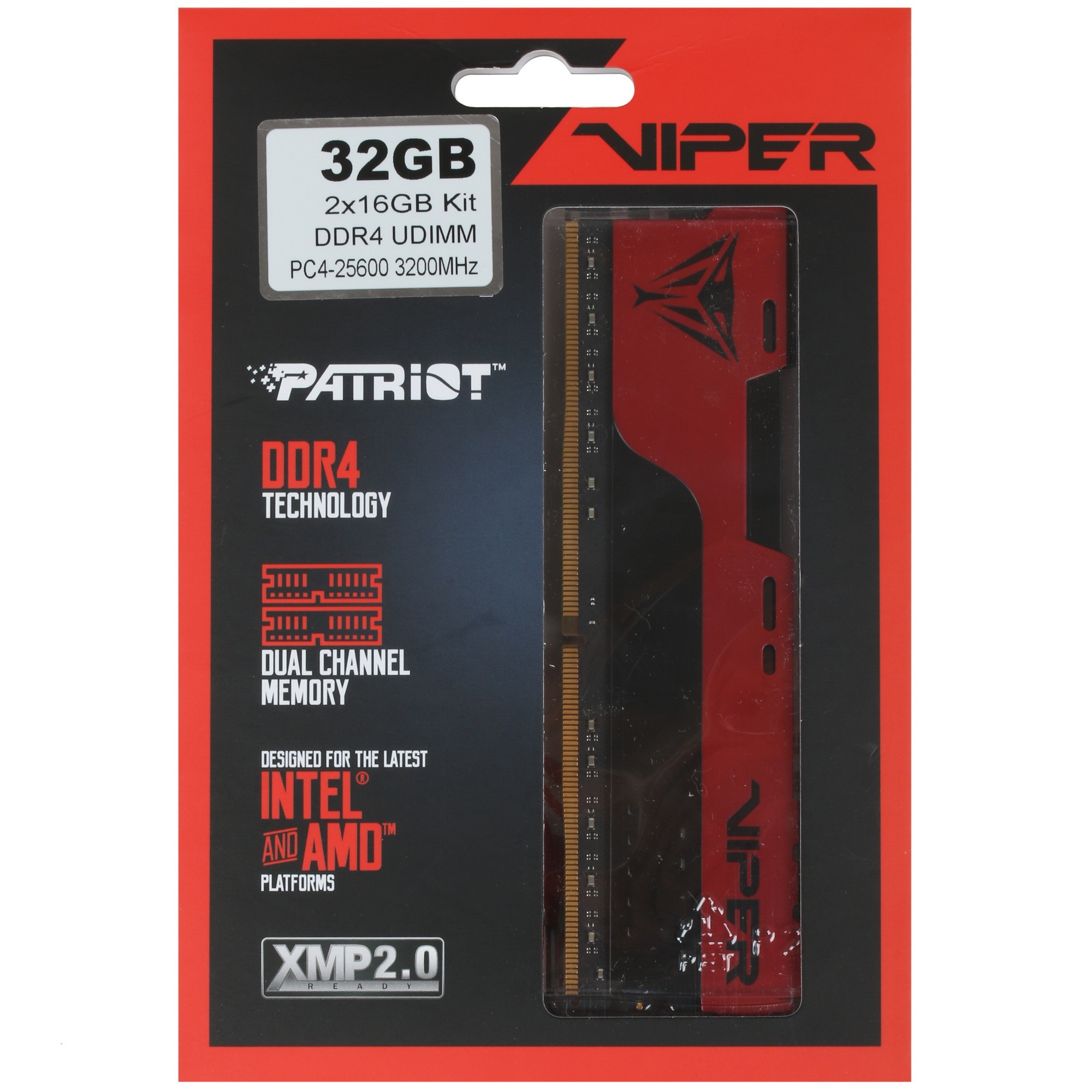 Оперативная память Patriot Viper Elite II, DDR4, 32GB (2x16 GB), 3200 MHz, CL18, радиатор, красный,