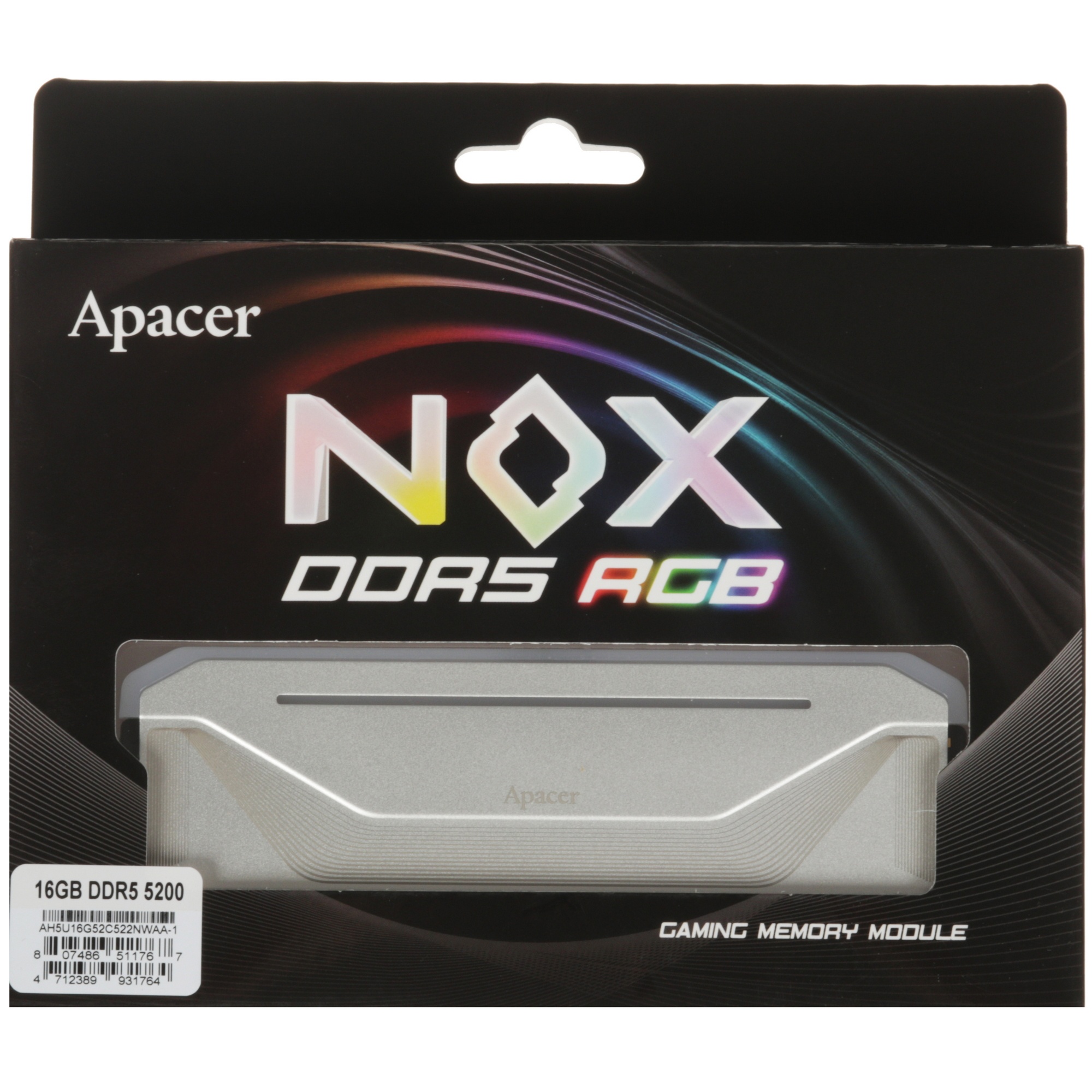Оперативная память Apacer Nox, DDR5, 16GB (1x16 GB), 5200 MHz, CL40, радиатор, RGB, белый