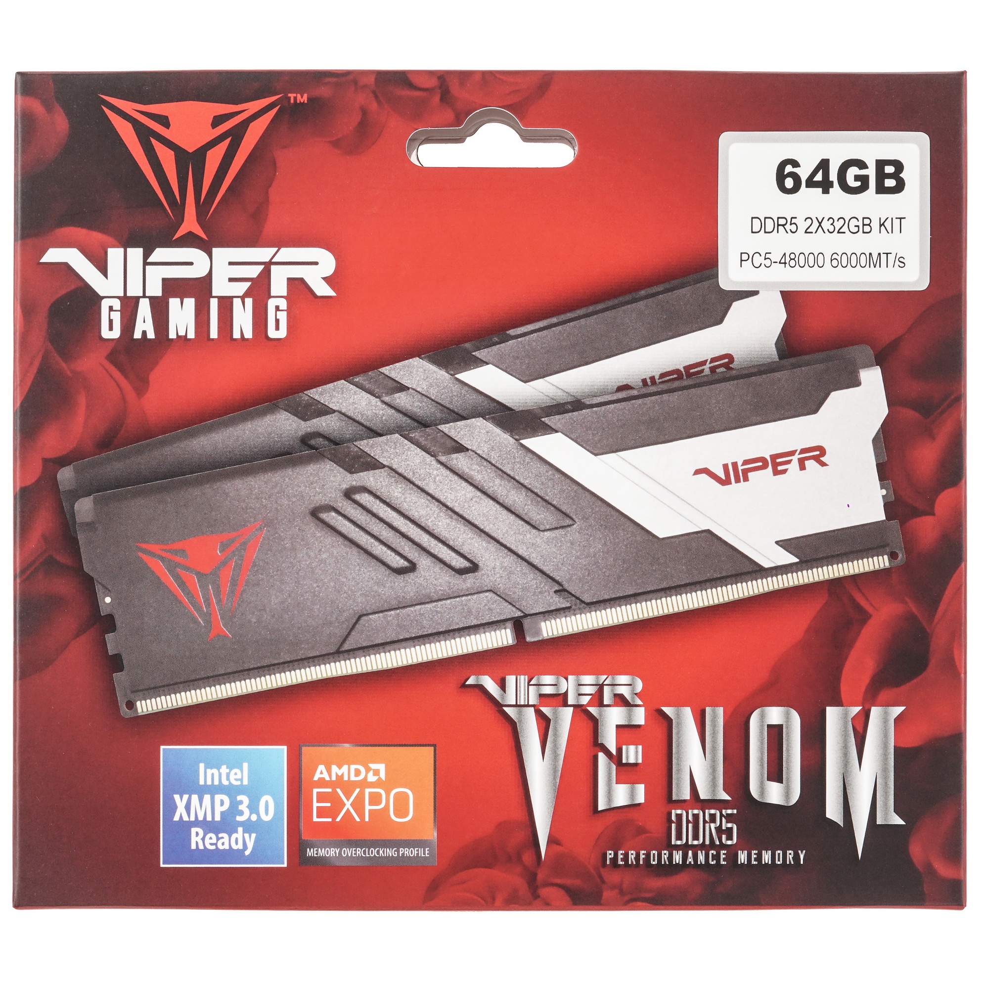 Оперативная память Patriot Viper Venom, DDR5, 64GB (2x32GB), 6000MHz, CL36, с радиаторами, черный