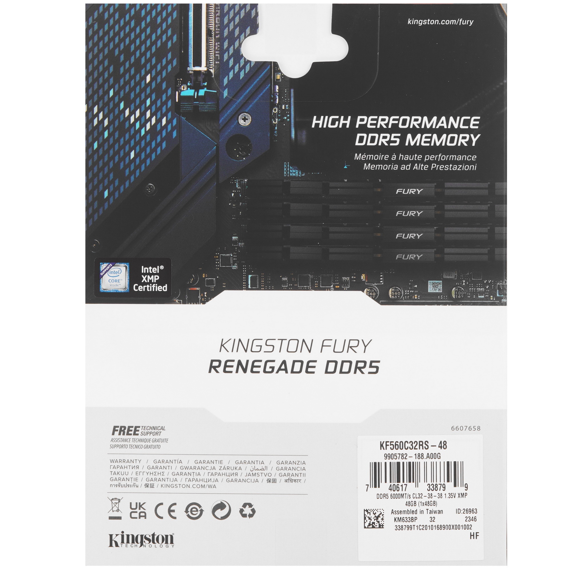 Оперативная память Kingston Fury Renegade, DDR5, 48GB (1x48GB), 6000MHz, CL32, с радиатором, серебри
