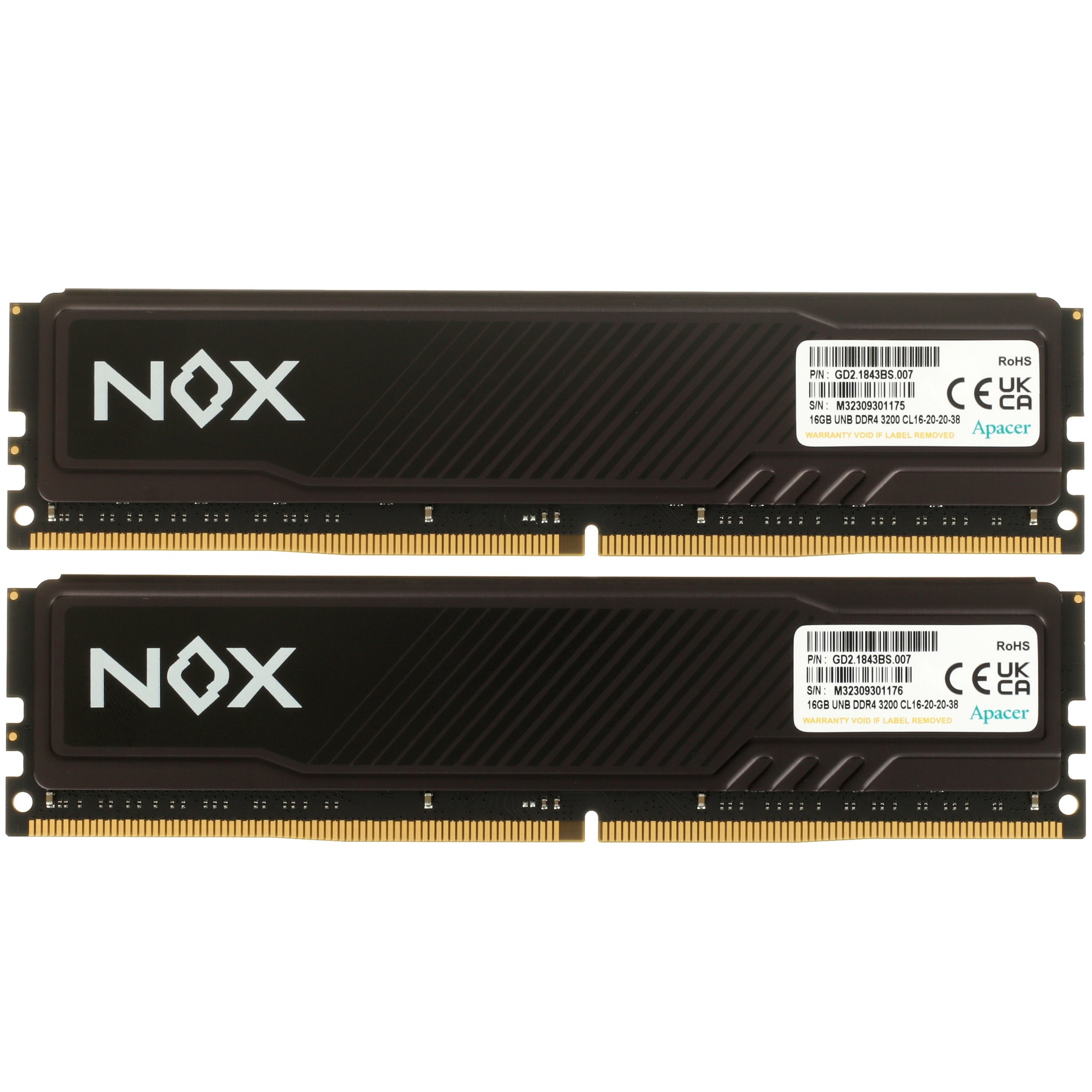 Оперативная память Apacer Nox, DDR4, 32GB (2x16 GB), 3200 MHz, CL16, радиатор, чёрный