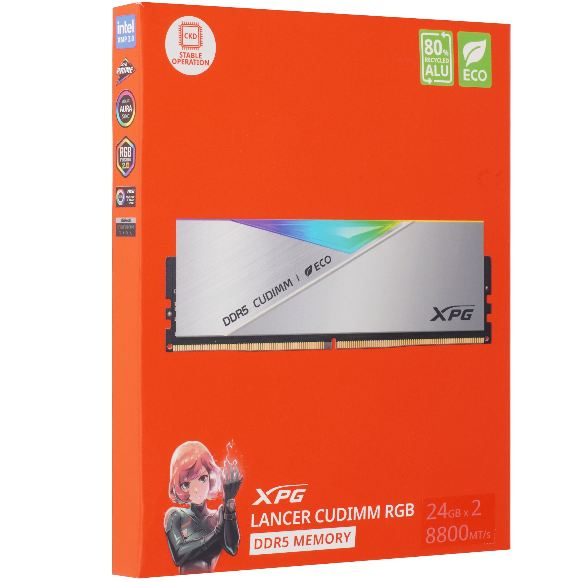 Оперативная память XPG Lancer, DDR5, 48GB (2x24GB), 8800MHz, CL42, DIMM, с радиаторами, RGB, серебри