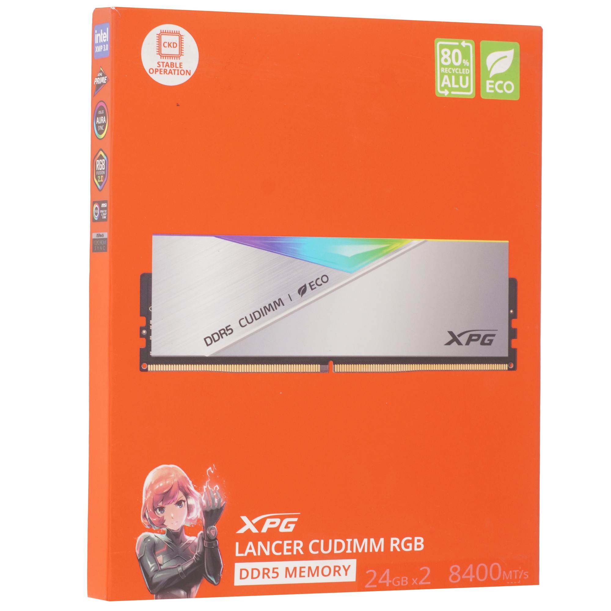 Оперативная память XPG Lancer, DDR5, 48GB (2x24GB), 8400MHz, CL40, DIMM, с радиаторами, RGB, серебри