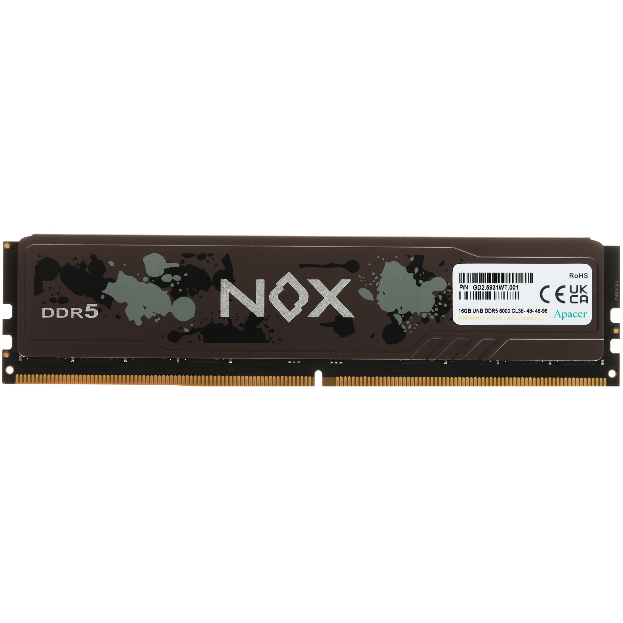 Оперативная память Apacer Nox, DDR5, 16GB (1x16 GB), 6000 MHz, CL40, DIMM, радиатор, черный