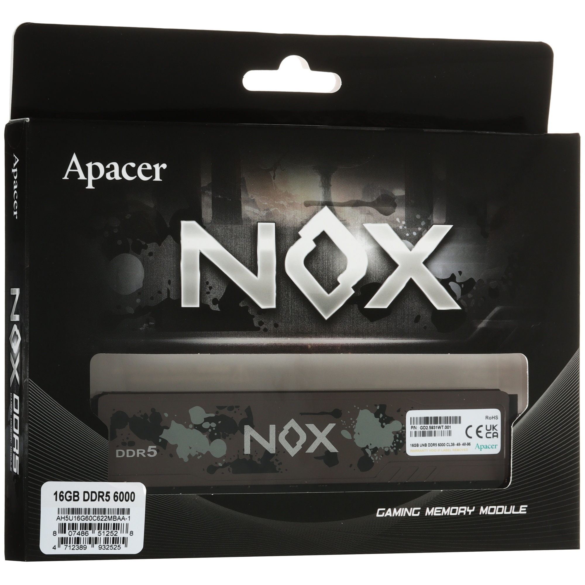 Оперативная память Apacer Nox, DDR5, 16GB (1x16 GB), 6000 MHz, CL40, DIMM, радиатор, черный