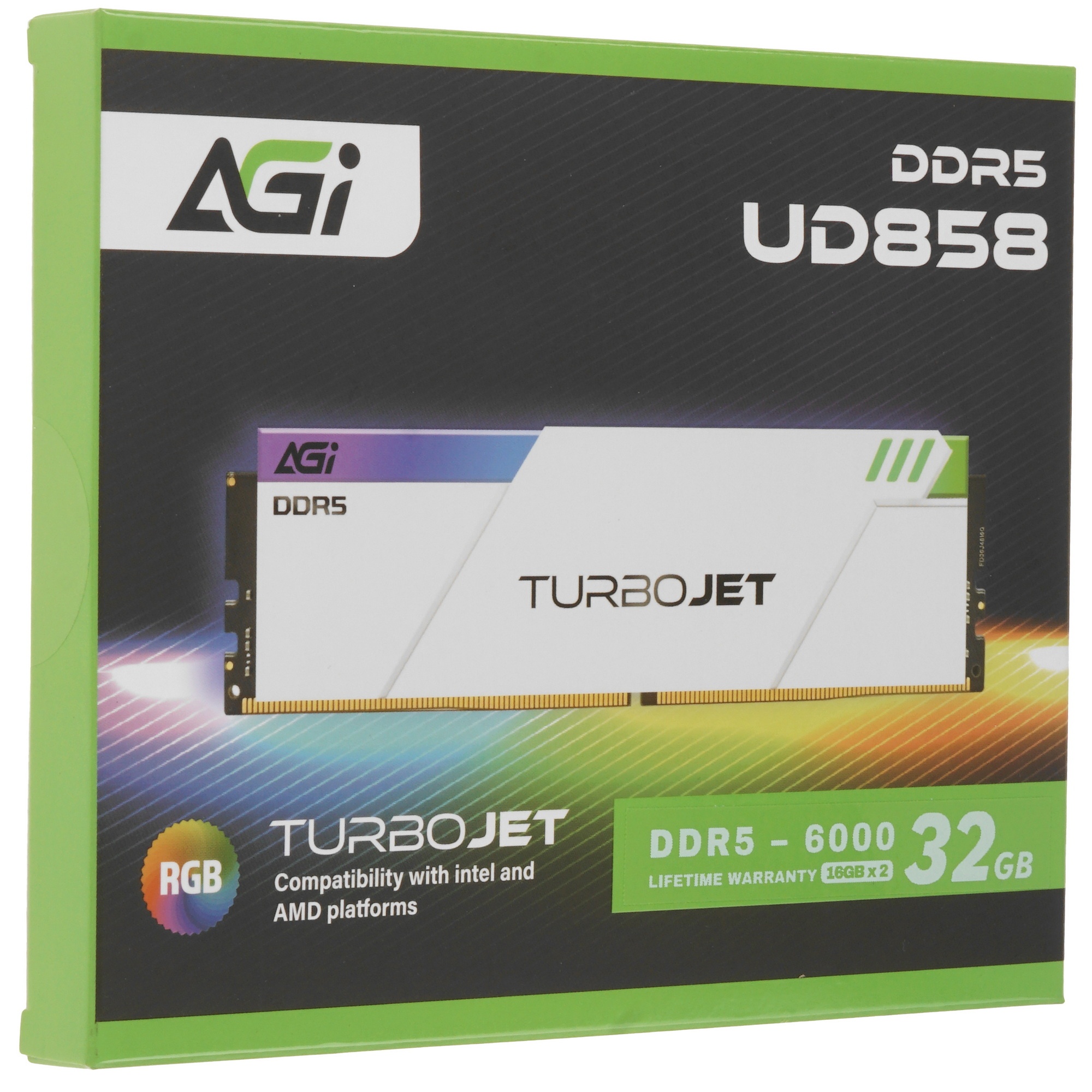 Модуль памяти AGI DDR5 6000MHz CL30 32GB Kit (16GBx2) OC UDIMM + White HEAT SINK –Turbojet+RGB light