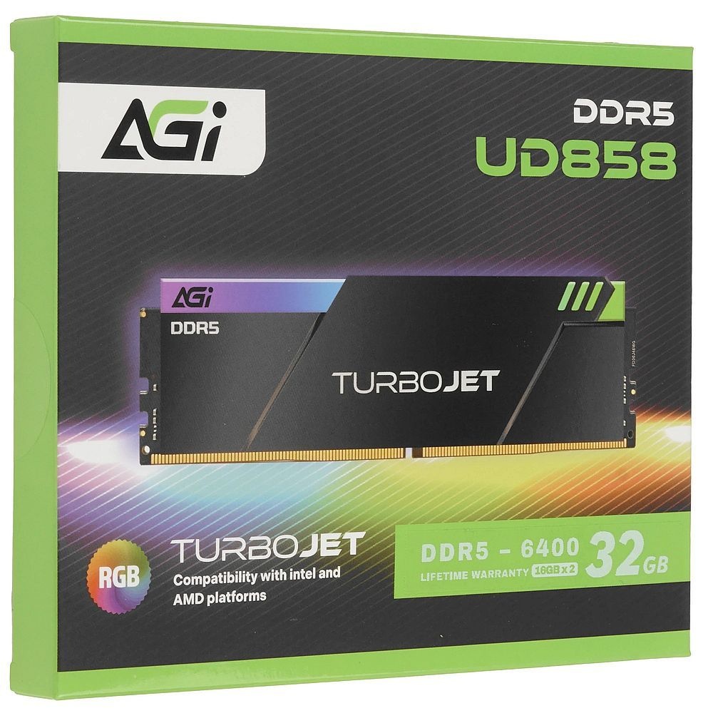 Модуль памяти AGI DDR5 6400MHz CL36 32GB Kit (16GBx2) OC UDIMM + HEAT SINK –Turbojet+RGB lightbar -C