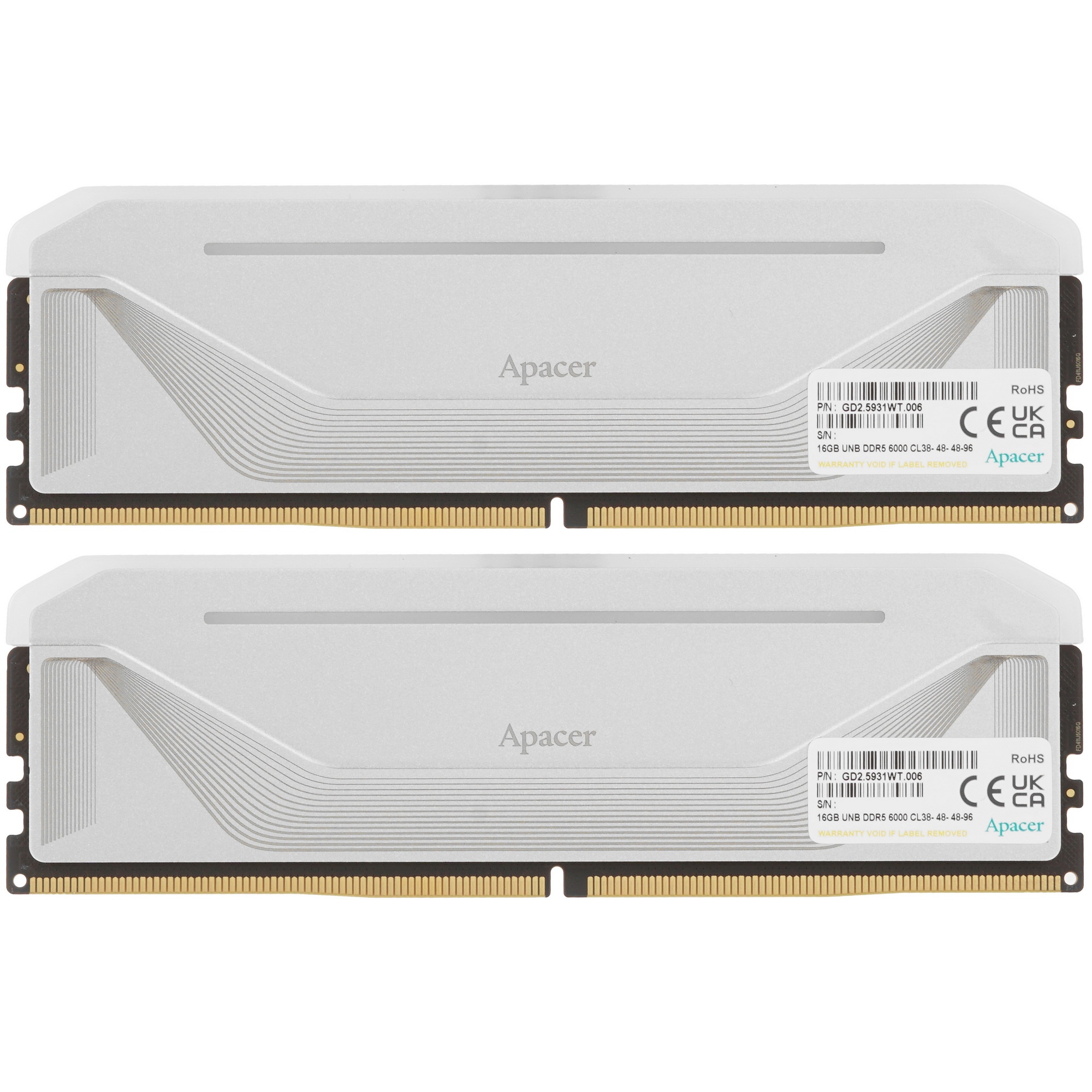 Оперативная память Apacer Nox, DDR5, 32GB (2x16 GB), 6000 MHz, CL38, DIMM, радиатор, RGB, белый