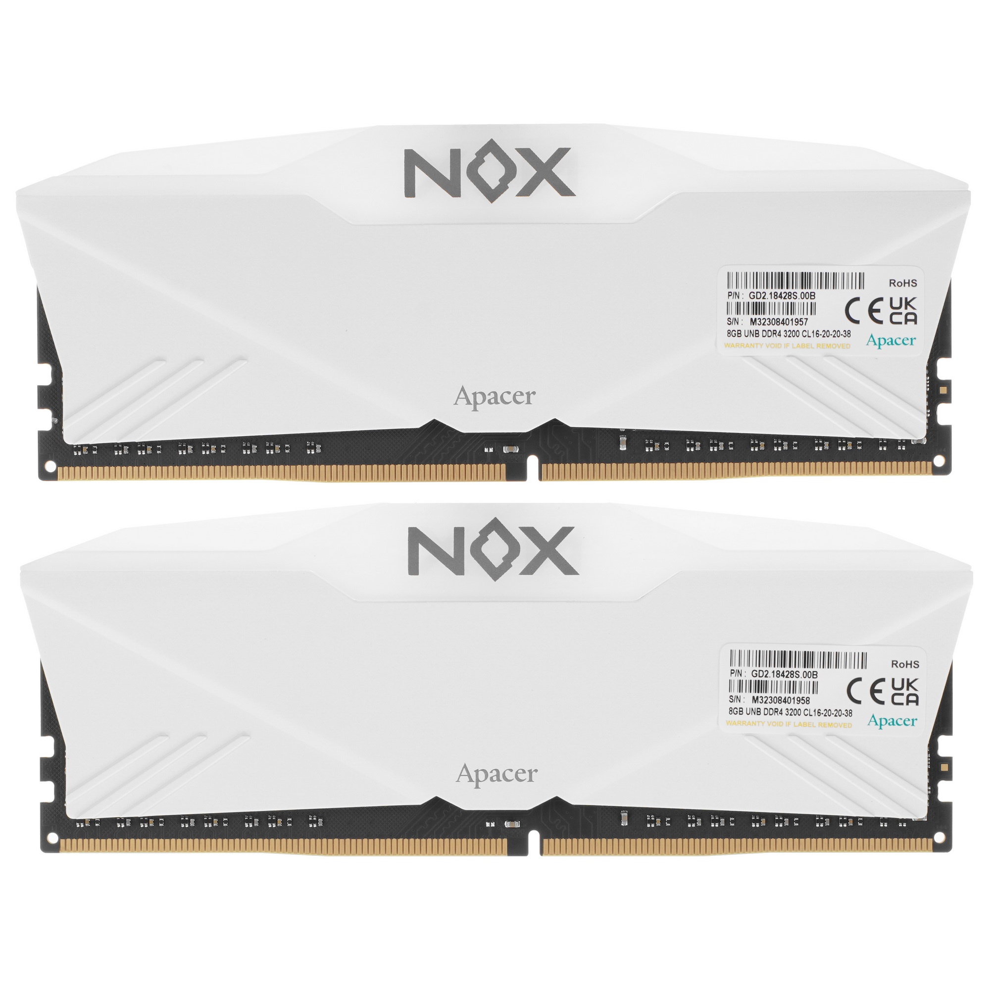 Оперативная память Apacer NOX RGB, DDR4, 16GB (2x8 GB), 3200 MHz, CL16, радиатор, белый