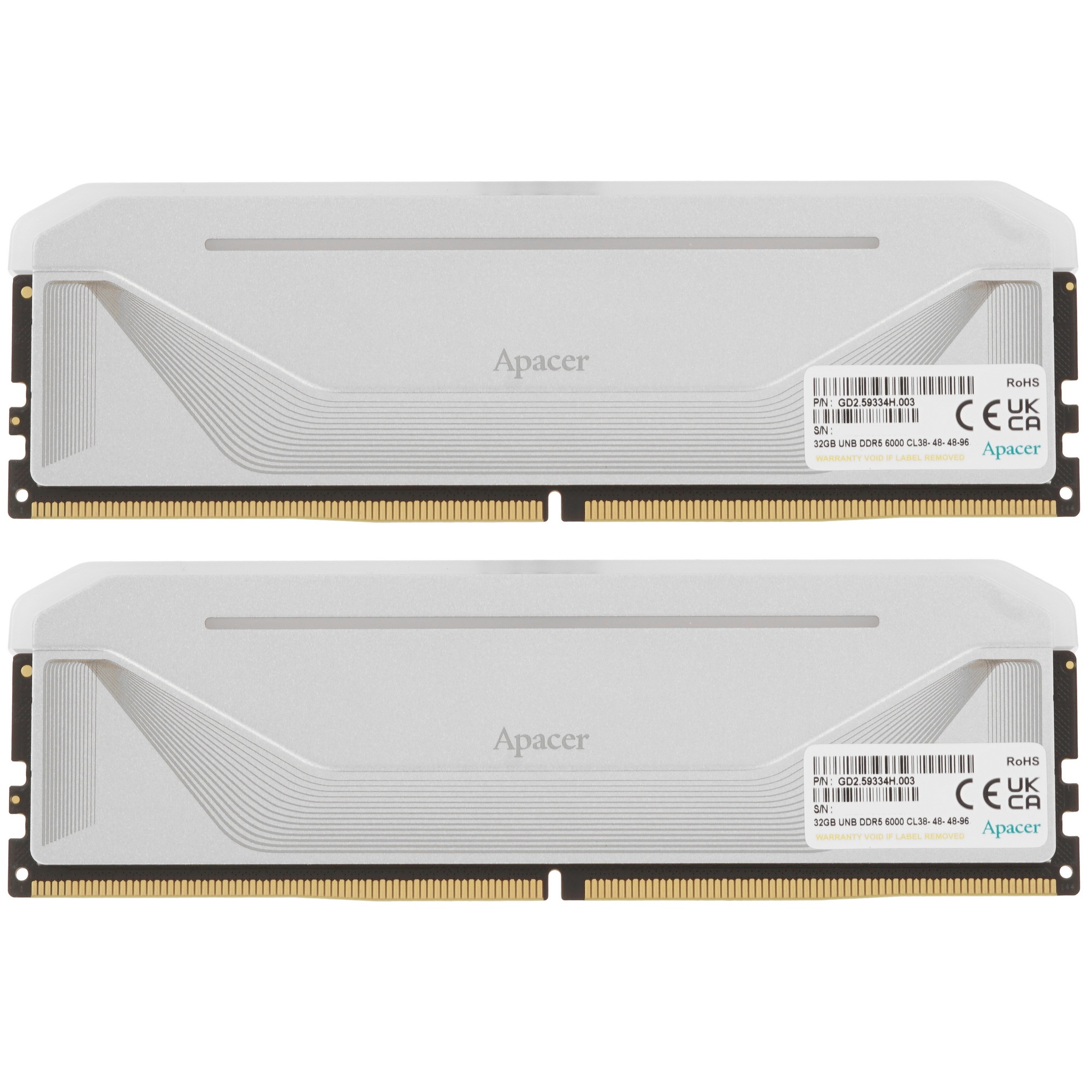 Оперативная память Apacer Nox, DDR5, 64GB (2x32 GB), 6000 MHz, CL38, радиатор, RGB, серебристый